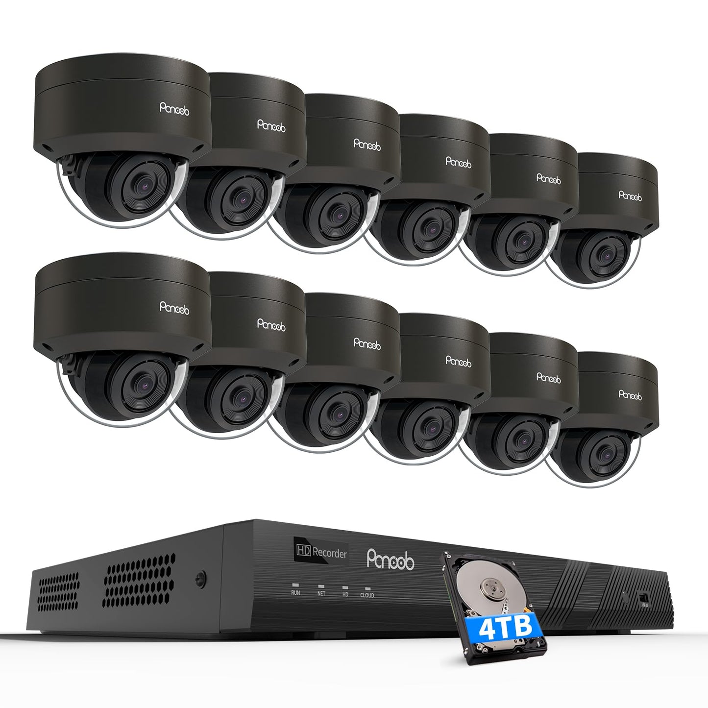 PANOOB 16 Channel Security Camera System, 12PCS 5MP Wired IK10 Vandal Dome PoE Camera Outdoor, Human Detection, Built-in Mic, Remote Access, 4K 16CH PoE NVR 4TB HDD for 24-7 Recording, PD54B1216-5M