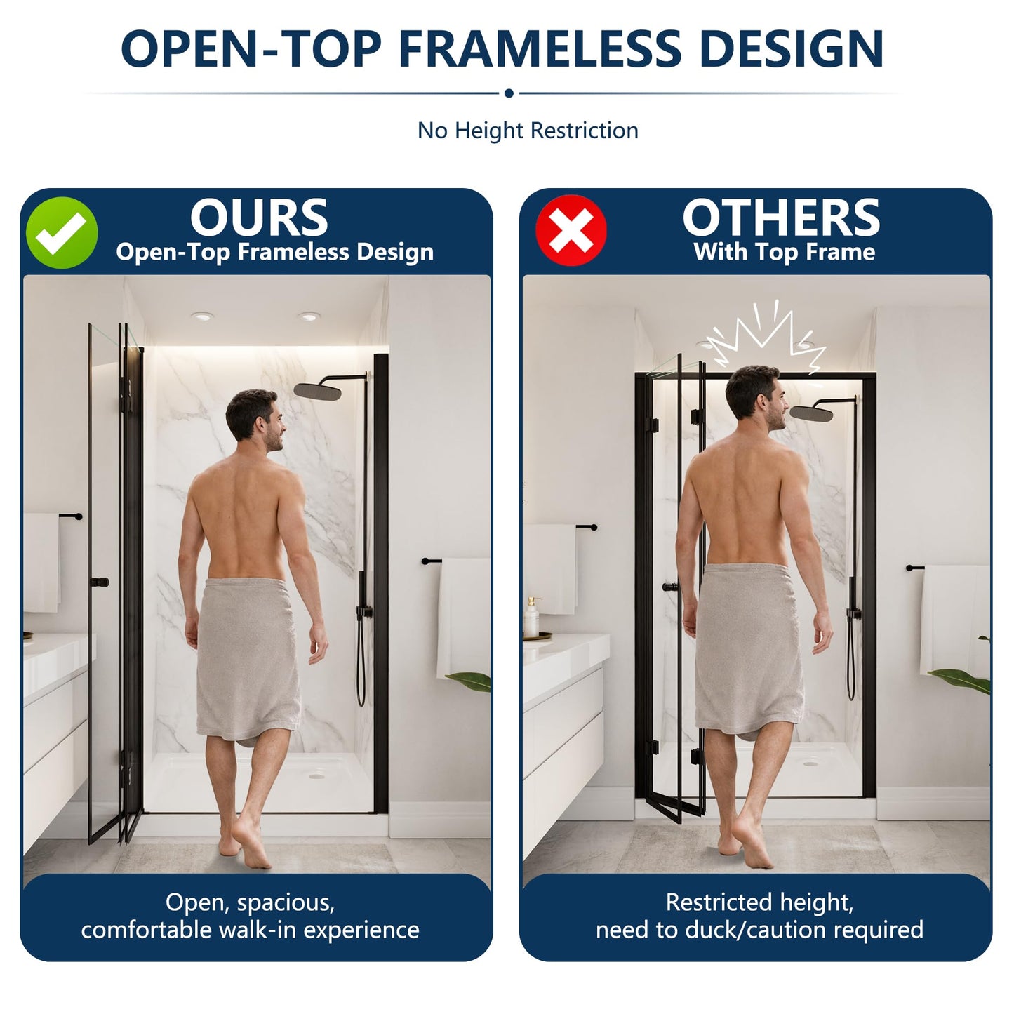 ComfyStyle Tri-Fold Frameless Shower Door 46-1/4''-48'' W x 72" H, Dual 180° Inward & Outward Tri-Fold Opening, 3-Panel Folding Shower Glass Door with 1/4" Clear SGCC Tempered Glass, Matte Black