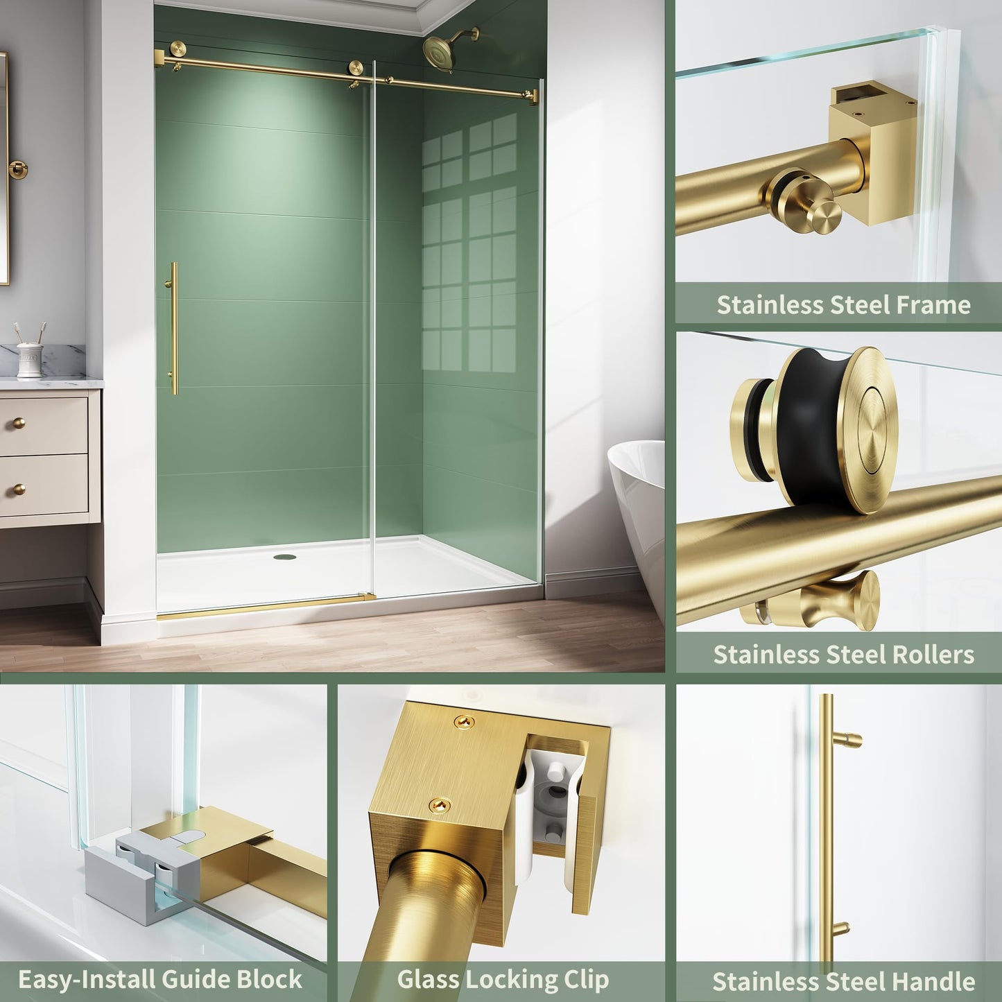 50-54" W x 76" H Frameless Sliding Shower Door, 5/16" (8mm) Clear Tempered Glass with Easy-Clean Coating, Sliding Glass Shower Door for Bathroom, Stainless Steel Hardware (Brushed Gold, 54" W x 76" H)