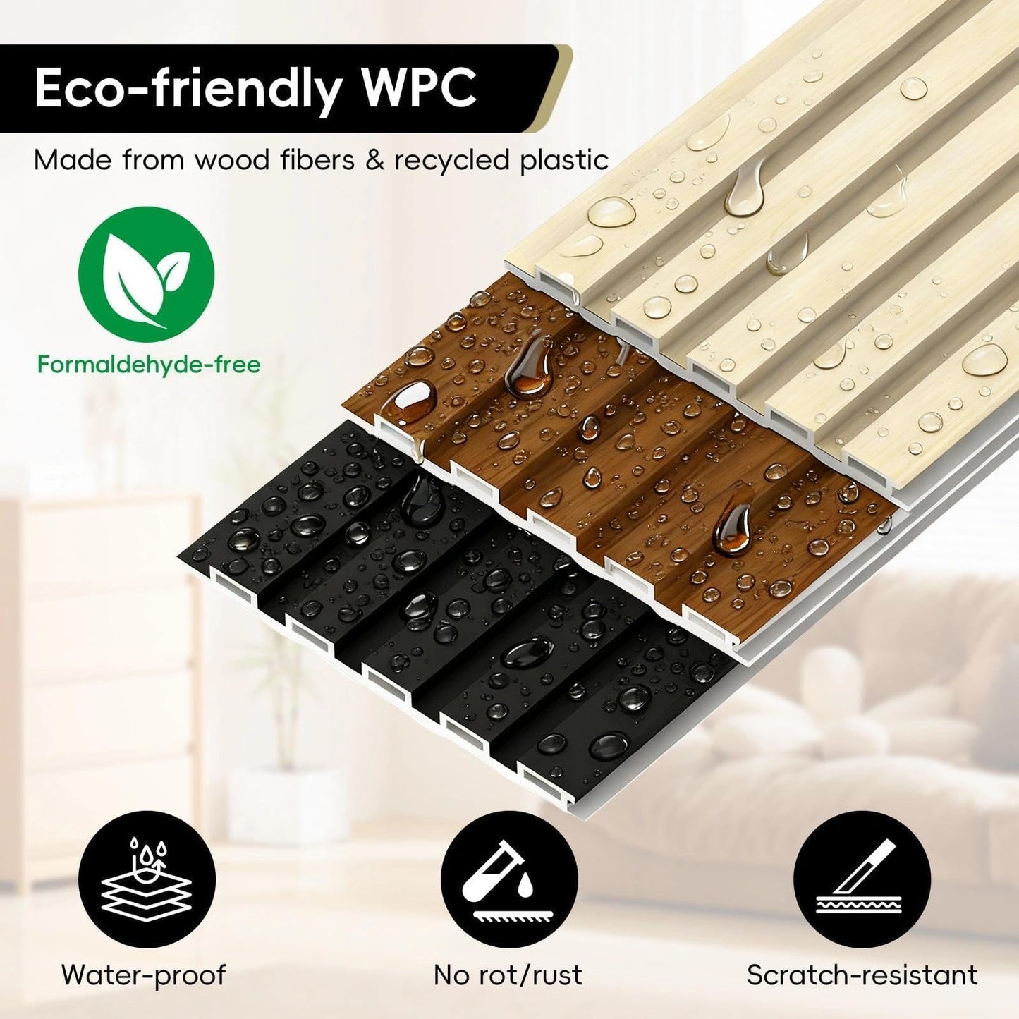 RITOLLO 18Pack WPC Wainscoting Panels, 48.2 x 6.2 Inches 3D Accent Slat Wall Panels for Interior Wall Decor, Fluted Wood Paneling for Living Room, TV Background, Office, Bedroom(Matte Black)