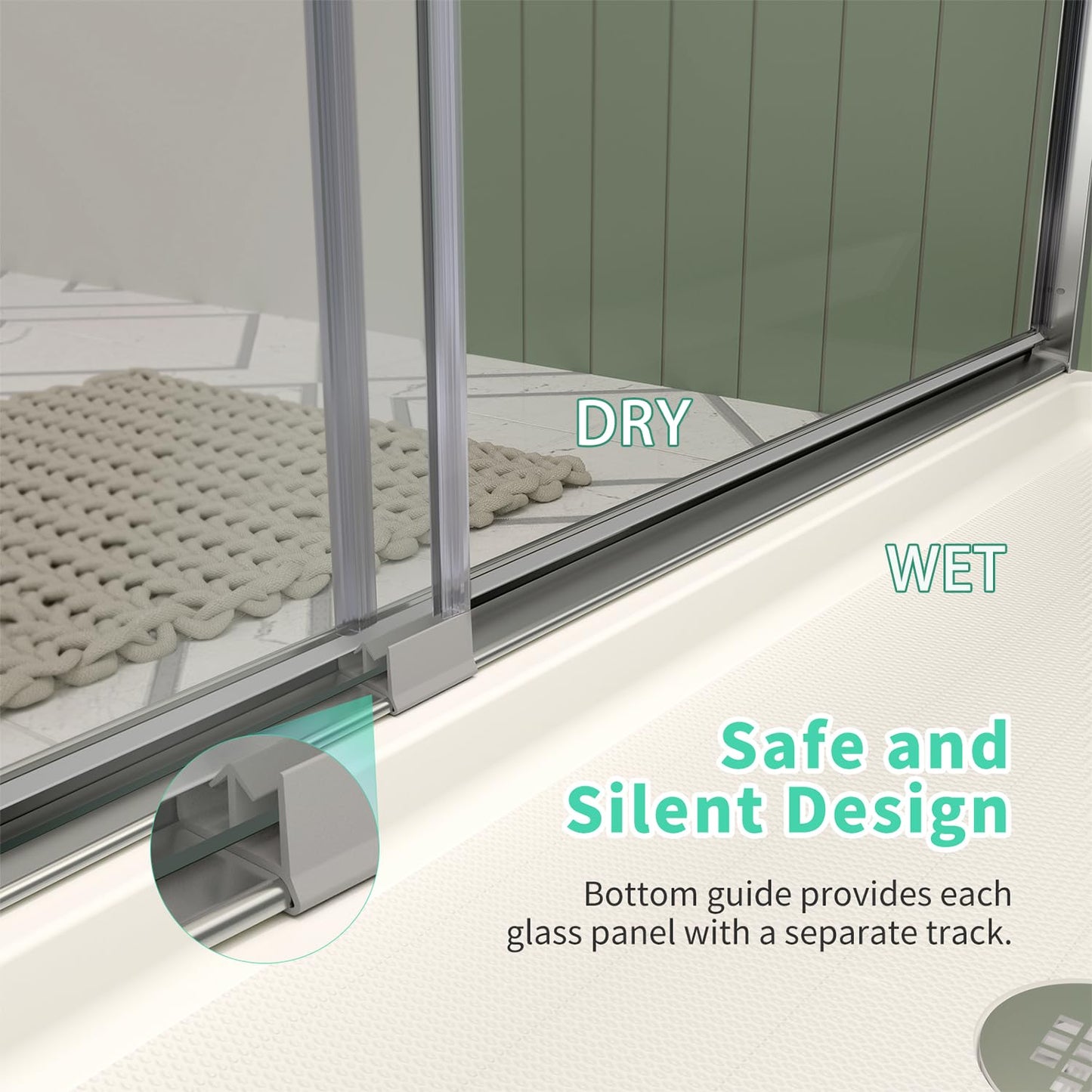ACE DECOR 44-48" W x 70" H Semi-Frameless Shower Door, Double Sliding Shower Door with 1/4" (6mm) Clear SGCC Tempered Glass, Chrome Finish Shower Doors, Reversible Installation