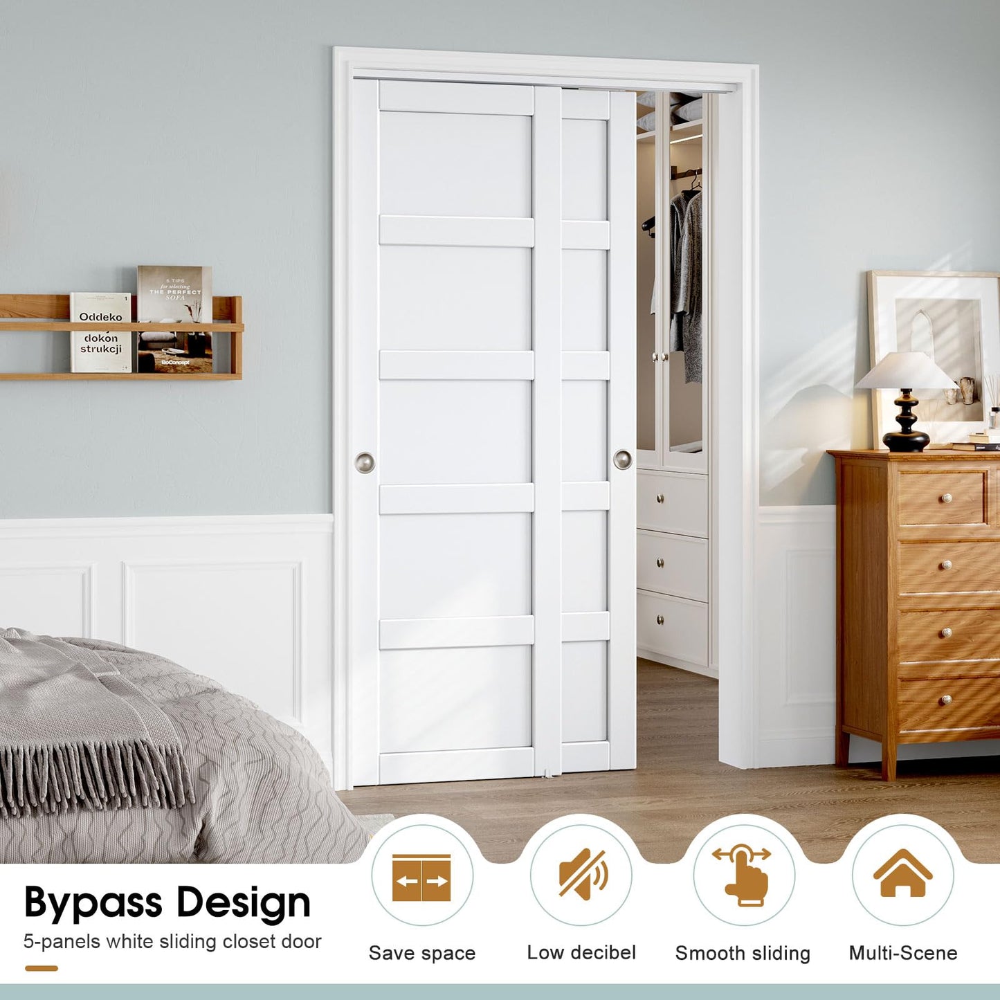 ROYMELO Sliding Closet Door 48"×80" (Double 25"), 5 Panels Bypass Barn Doors with Hardware Track Kit Included for Bedrooms Wardrobe, White, Requires DIY Assembly