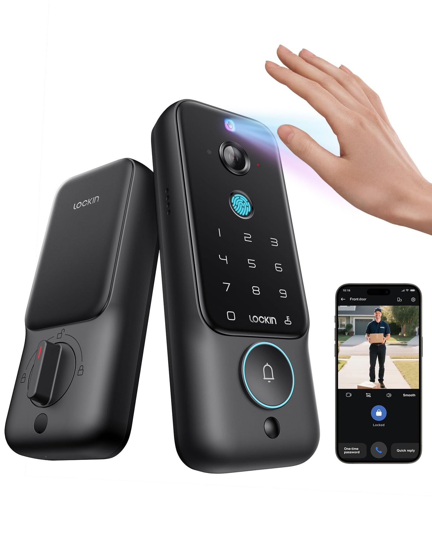 Lockin Veno Plus Video Smart Lock with Camera 2K 180°, Keyless Entry Door Lock for Front Door, Palm Vein & Fingerprint Biometric Access, Built-in Wi-Fi, 8GB Storage, No Monthly Fees