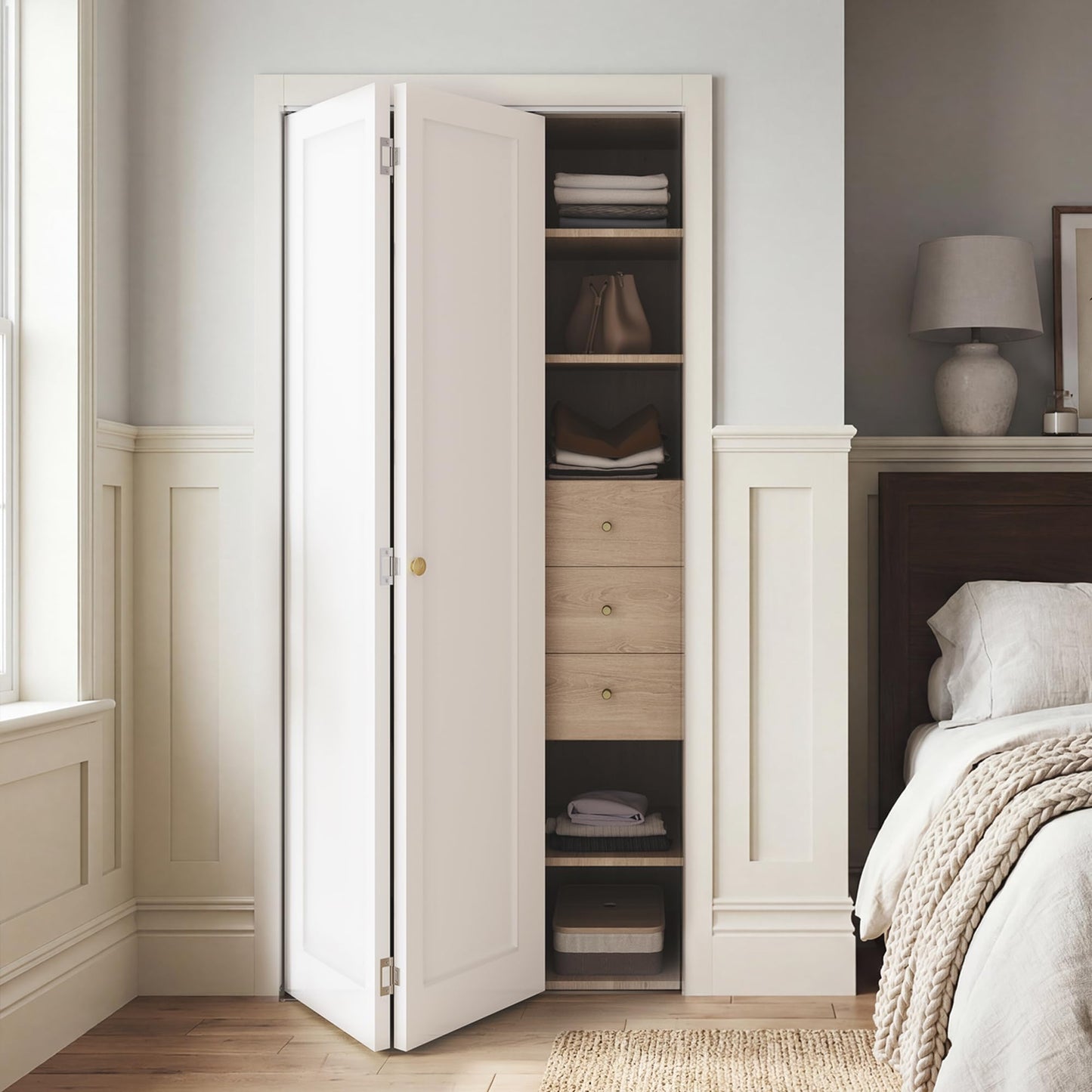 SMARTSTANDARD Bifold Closet Door for 30" x 80" Opening, 1-Panel Pre-Assembled Interior Folding Door with Complete Hardware Kit, Paintable Door for Bedroom Closets, Pantry, Laundry, White Primed