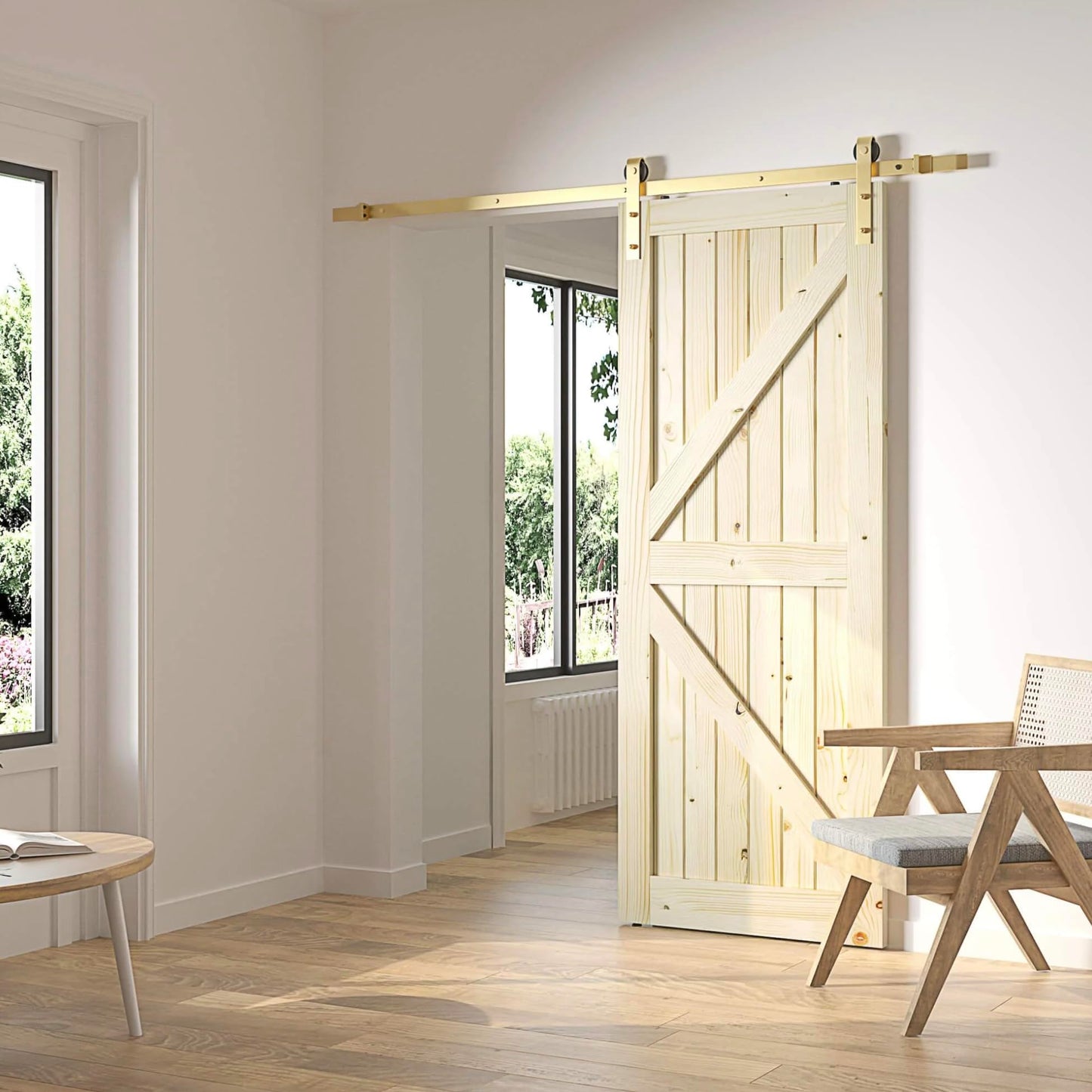 Rio Salto Gold Barn Door Hardware Kit 84" Length 7FT Sliding Door Hardware Modern Barn Interior Brushed Brass Panel Hardware (Hardware Kit, 7 Feet - Single Door)