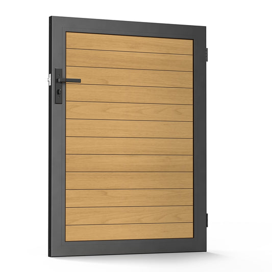WOCEPU 3x4 FT (34.8"x47.8") Aluminum Fence Gate Kit, Heavy-Duty Wood Grain Aluminum Gate with Decorative Cutout, Lock & Hinges, Left/Right Opening, Weather-Resistant for Yard, Garden, Backyard
