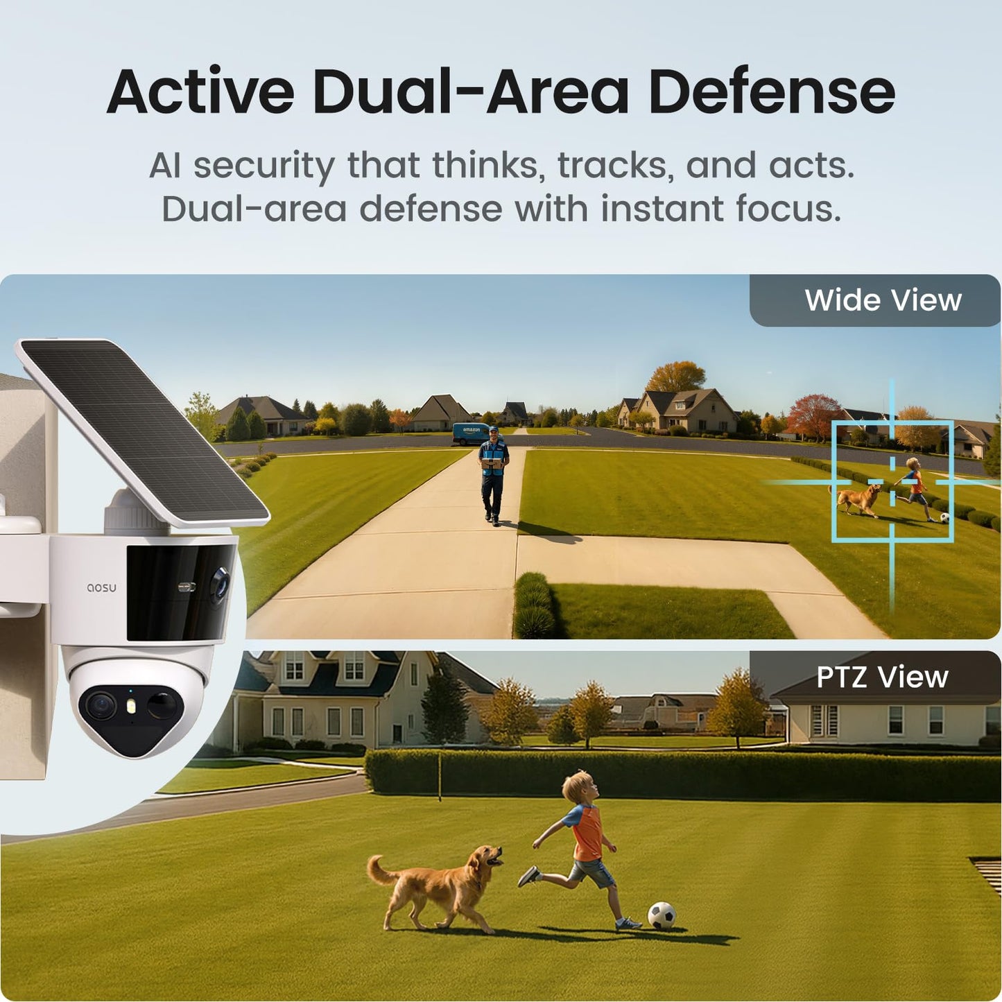aosu T2 Pro Security Cameras Wireless Outdoor, 3K Dual Cam No Blind Spot Security Camera for Home, 170° Wide + 360° PTZ, AI Human Vehicle Tracking, Solar Powered, Local Storage