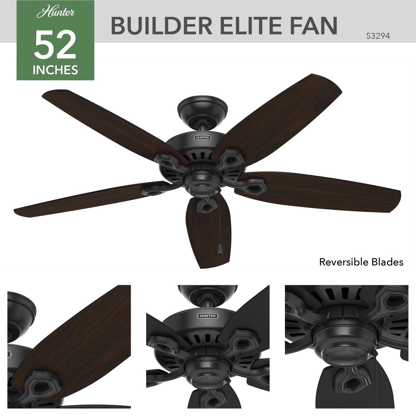 Hunter 52 inch Outdoor or Indoor Ceiling Fan No Light with Pull Chain - Black Ceiling Fan without Light, Standard Mount, 5 Blades, For Patio, Porch, Living Room - Builder Elite 53294, Matte Black