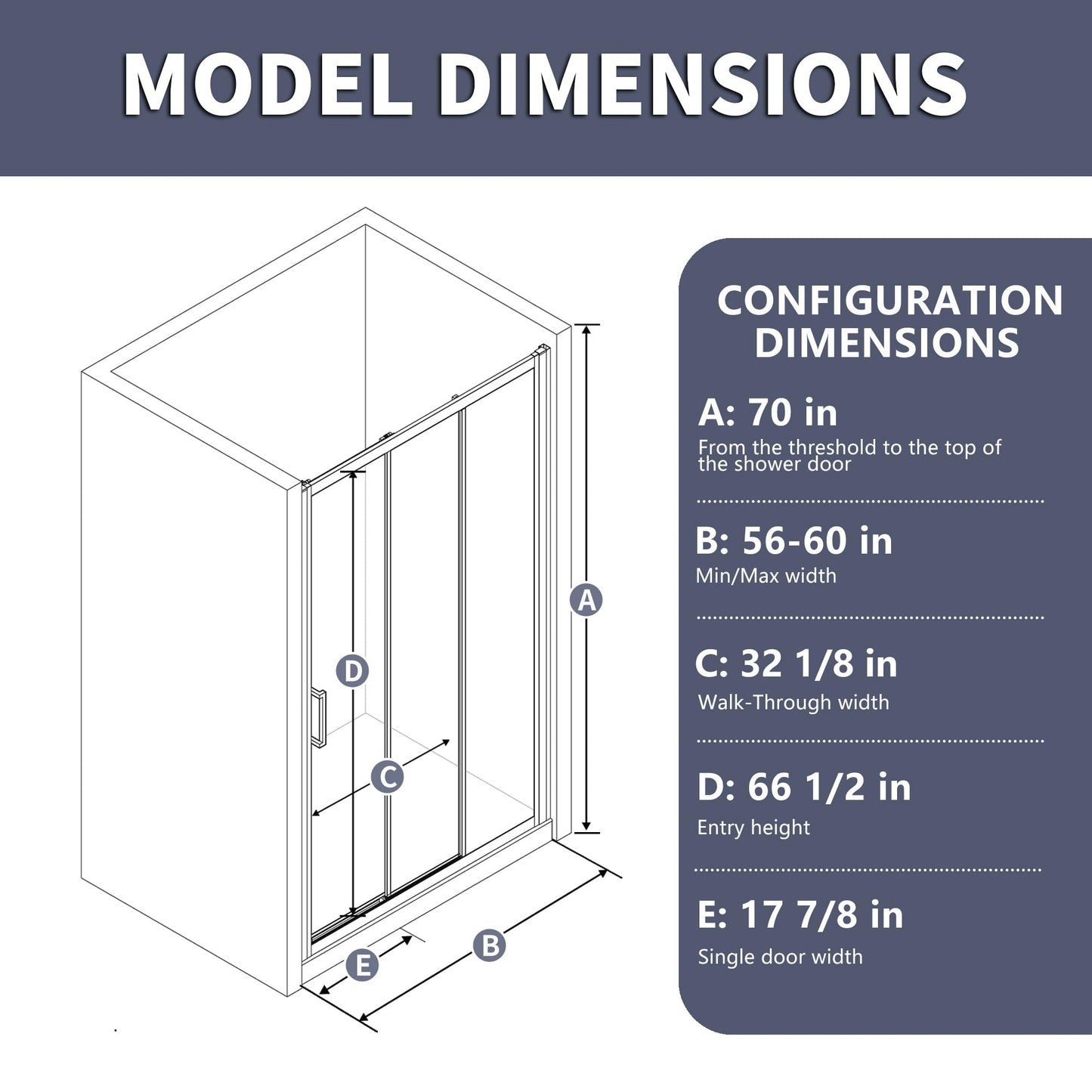 56"-60" W x 70" H Tri-Fold Sliding Shower Door, 1/4" (6mm) Clear SGCC Tempered Glass Shower Door with Easy-Clean Coating, 32 1/8" Walk-in, No-Cutting Adjustment, Reversible Installation, Matte Black