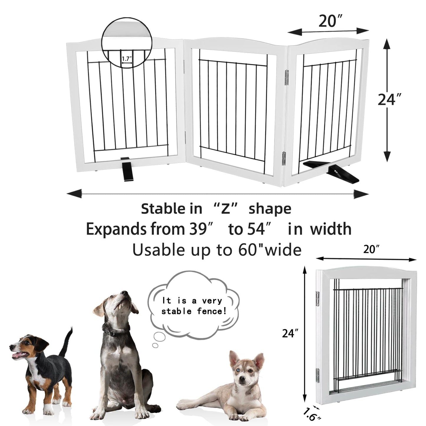 ZJSF Freestanding Dog Fence Indoor, Foldable Dog Gate for Doorways, Stairs or Hallways, Sturdy Wood Extra Wide Pet Gate with Support Feet for The House, White, 24 "Height-3 Panels