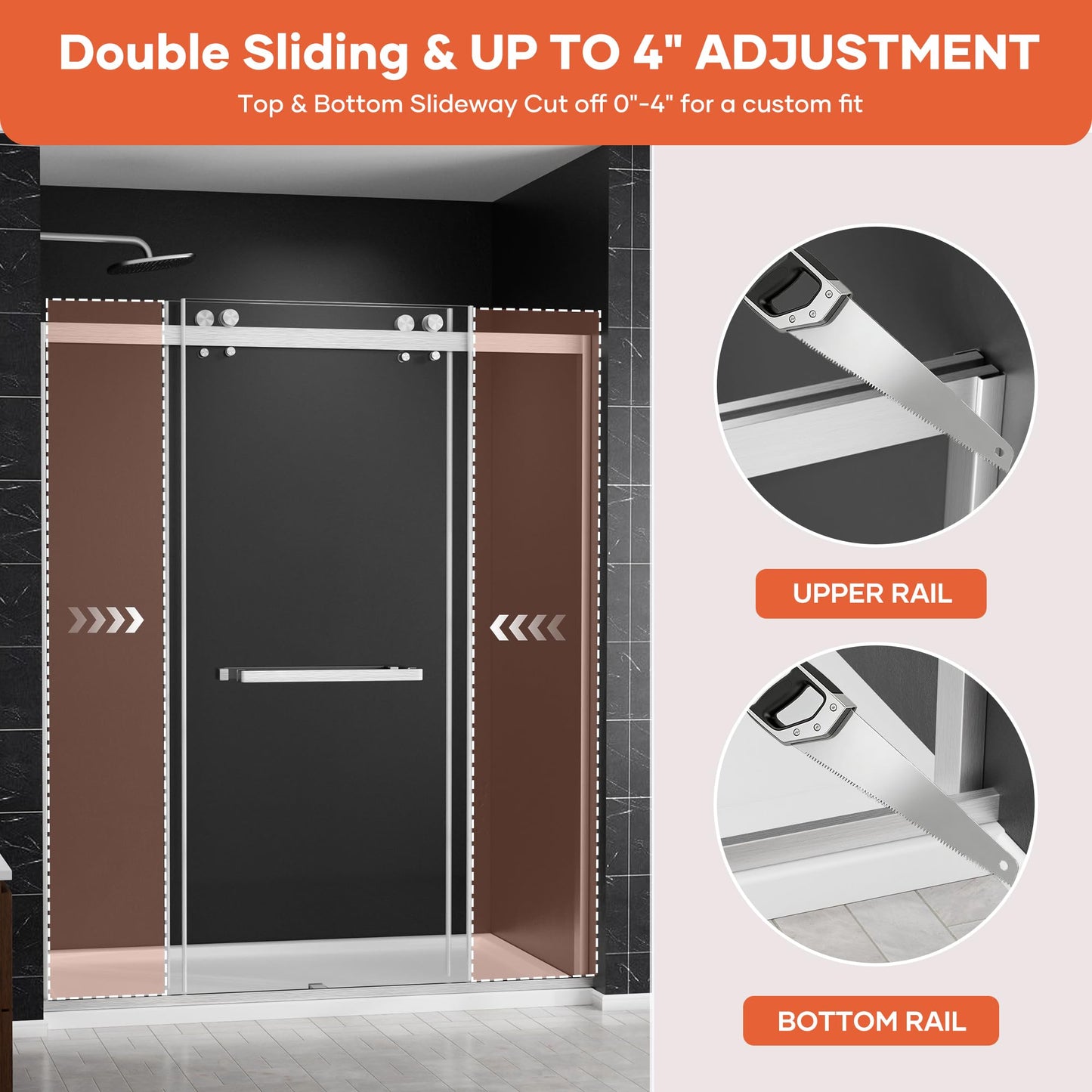chunnwin Frameless Double Sliding Shower Door 56-60" W x 76" H, 1/4"（6mm） Tempered Glass Two Horizontal Handles Easy Clean Stainless Steel Hardware Brushed Nickel