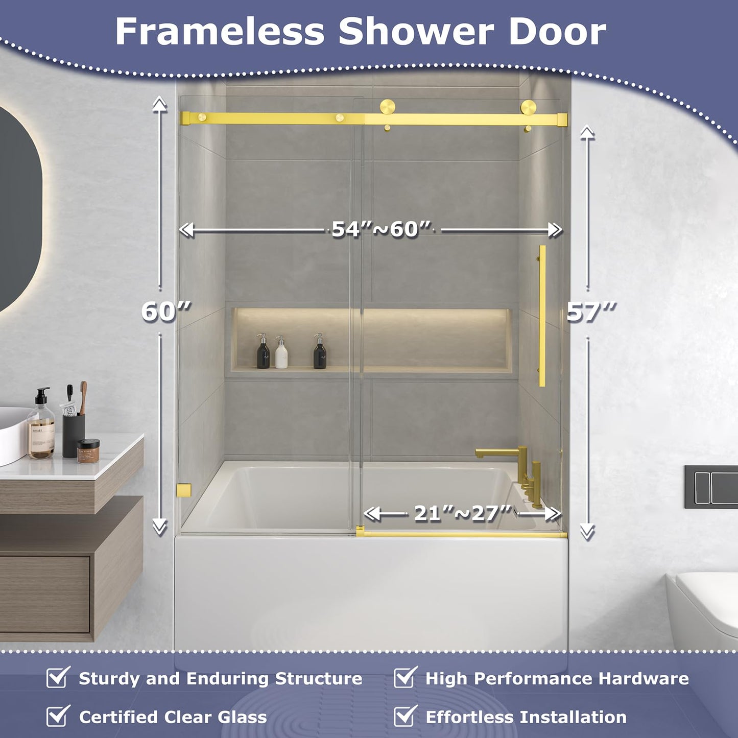 YSTISUON Brushed Gold Frameless Single Sliding Bathtub Shower Door, 54"-60" W x 60" H, 5/16"(8mm) Clear Tempered Glass with Explosion-Proof Film, Water Repellent EZ Clean Bath Glass Door for Tub
