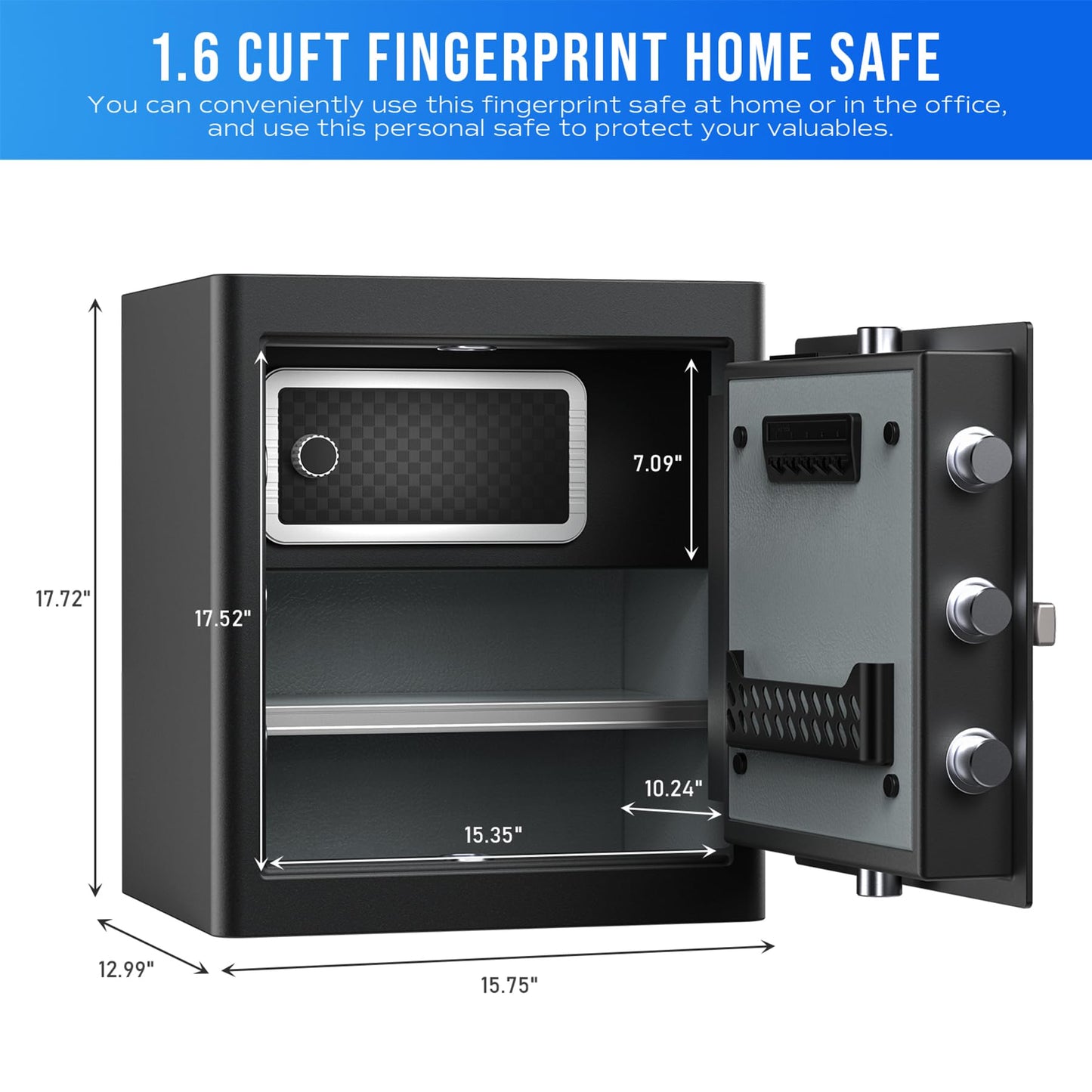 RPNB Deluxe Home Safe and Lock, Smart Touch Screen Biometric Fingerprint Security Safe with Voice Prompt, One-touch Unlock, Interior Box, Dual Warning, Suitable for Home, Office, Hotel, 1.6 Cubic Feet