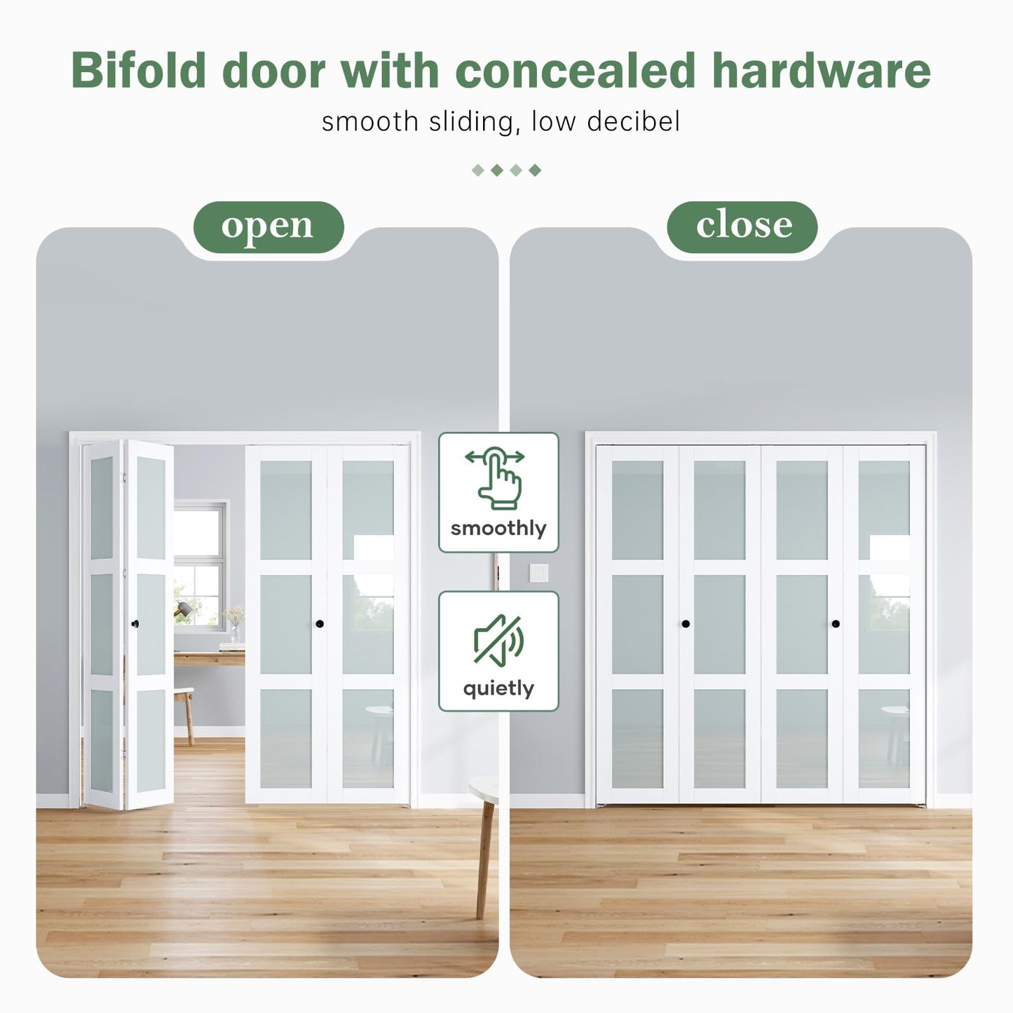 Roymelo Bifold Doors for 72"×80-3/4" Opening, Preassembled White Frosted Glass Folding Barn Door, Sliding Interior Wood Panel Closet Bifolding Door with Concealed Hardware Kit Included