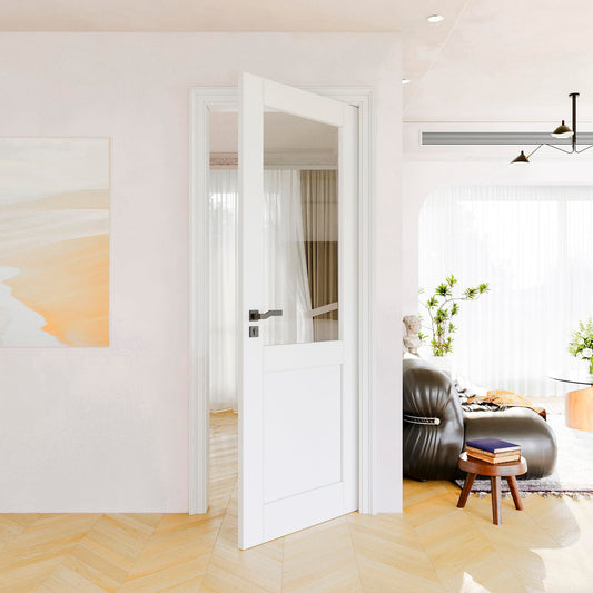 30" x 80" Clear Glass Slab Door, Half Lite Glass French Door Interior, Pre-Finished Paintable Single Panel for Living Room Pantry Laundry Closet Doors as Prehung, Pocket, Bifold Barn Doors