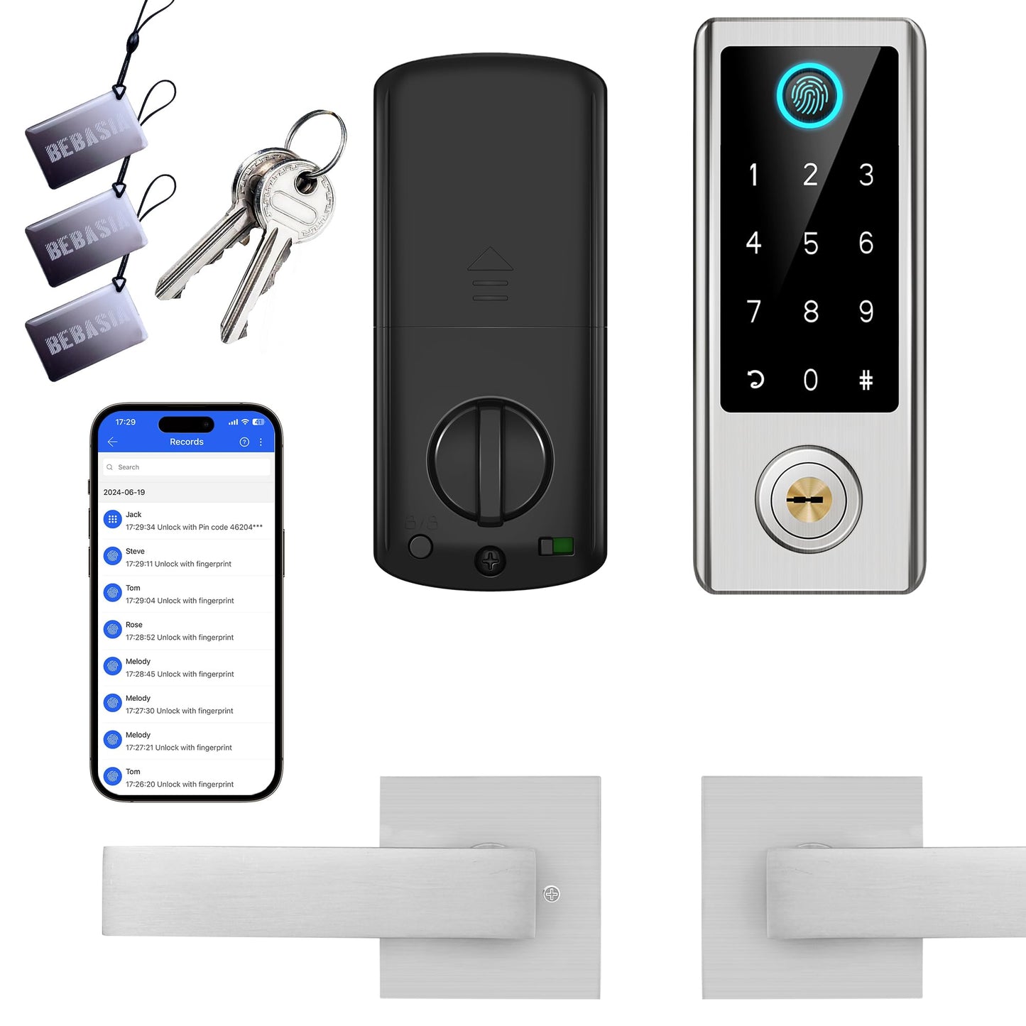 BEBASIA Smart Fingerprint Door Lock with Handle Set, Full App Control, Electronic Digital Touchscreen Keypad, Deadbolt Smart Locks for Front Door, Auto Lock, Satin Nickel