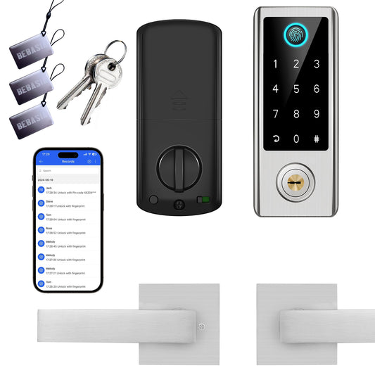 BEBASIA Smart Fingerprint Door Lock with Handle Set, Full App Control, Electronic Digital Touchscreen Keypad, Deadbolt Smart Locks for Front Door, Auto Lock, Satin Nickel