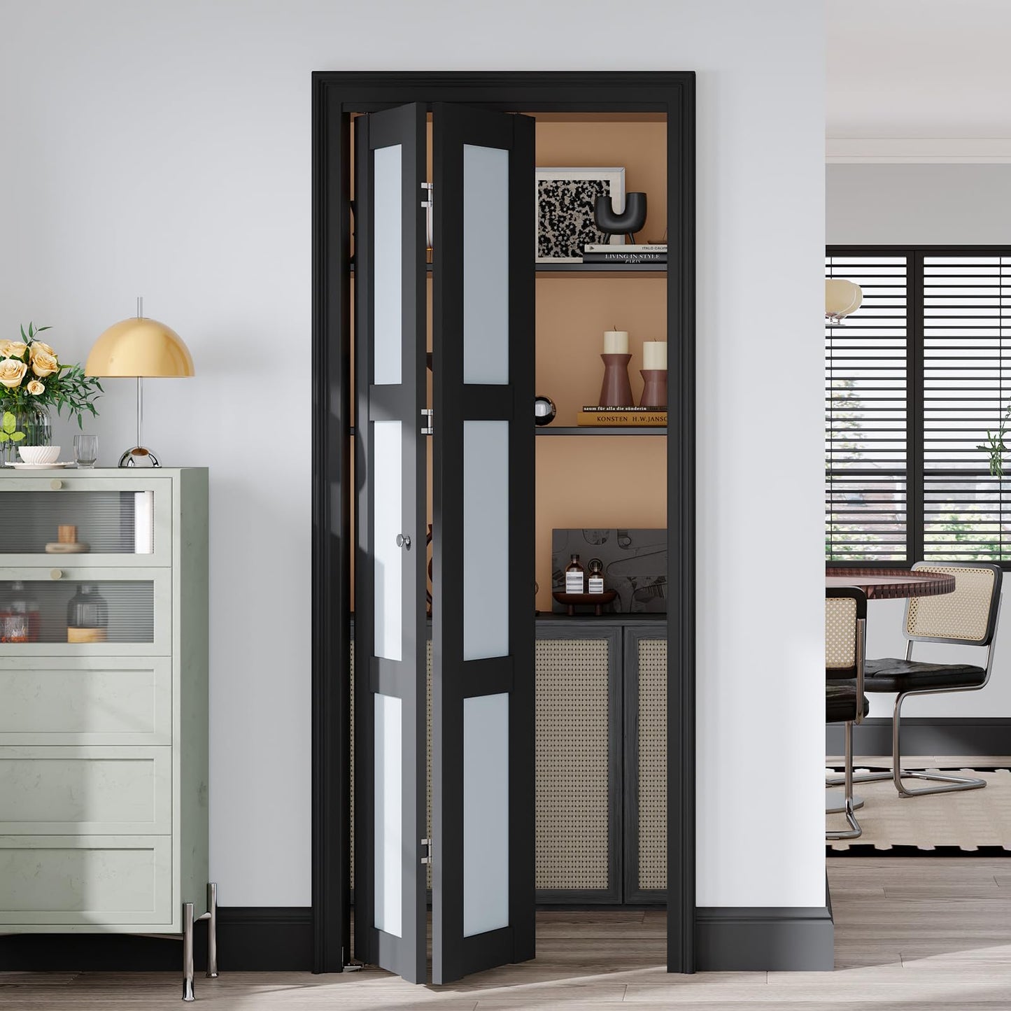 Easelife Bifold Closet Doors,Folding Door for 30" x 80" Opening,3-Lite Tempered Frosted Glass,Black Interior Bi-fold Barn Door with Concealed Sliding Hardware Kit,MDF Panel for Pantry and Laundry