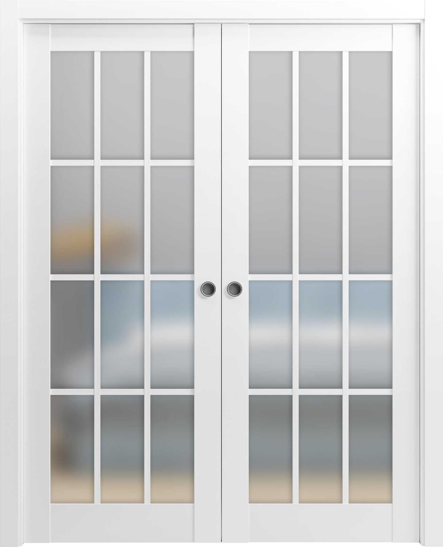 SARTODOORS - Sliding French Double Pocket Doors 48 x 84 inches Frosted Glass 12 Lites| Felicia 3312 Matte White | Kit Trims Rail Hardware | Solid Wood Interior Bedroom Sturdy Doors