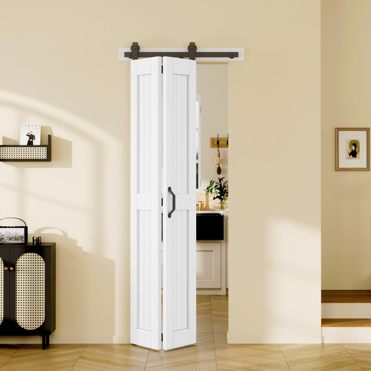 Easelife Bifold Barn Door 30'' x 84'',Bi-Fold Sliding Closet Doors with Hardware Kit Included,34'' Track Kit for 2 Doors,Waterproof, Pre-Drilled Holes Easy Assembly,White