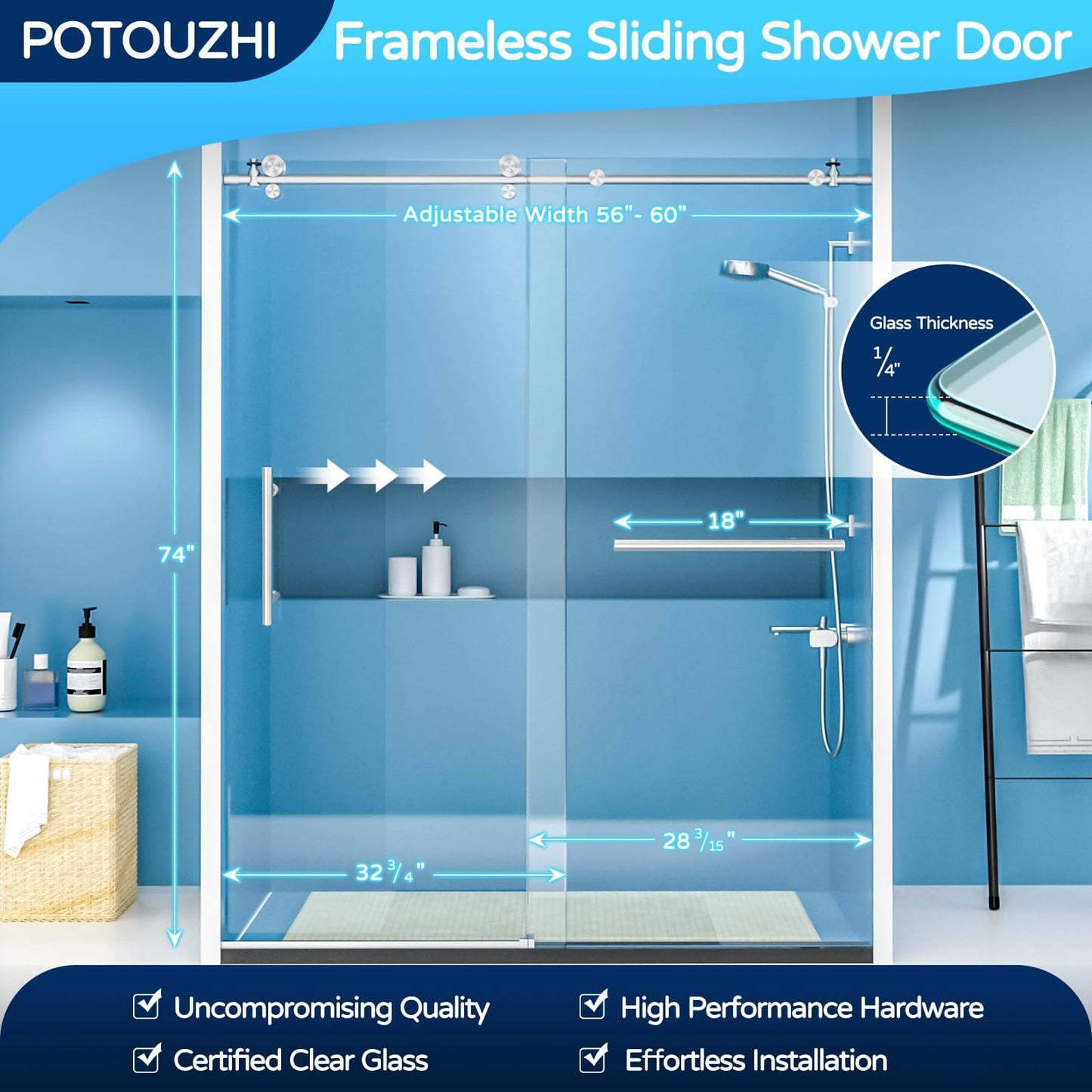 POTOUZHI Shower Door 60" W x 74" H Frameless Sliding Shower Door, Shower Glass Door with 1/4 Inch Clear Tempered Glass, Explosion-Proof Film, Stainless Steel Hardware, Brushed Nickel