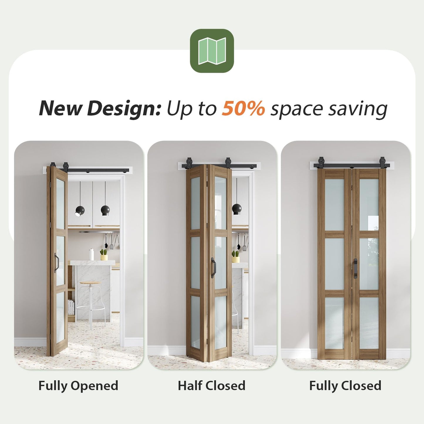 FREDBECK Bifold Barn Doors 30X84 (Double 15x84) with Frosted Glass and Hardware Kit Included, Brown,for Bedroom,Bathroom,Assembly Required