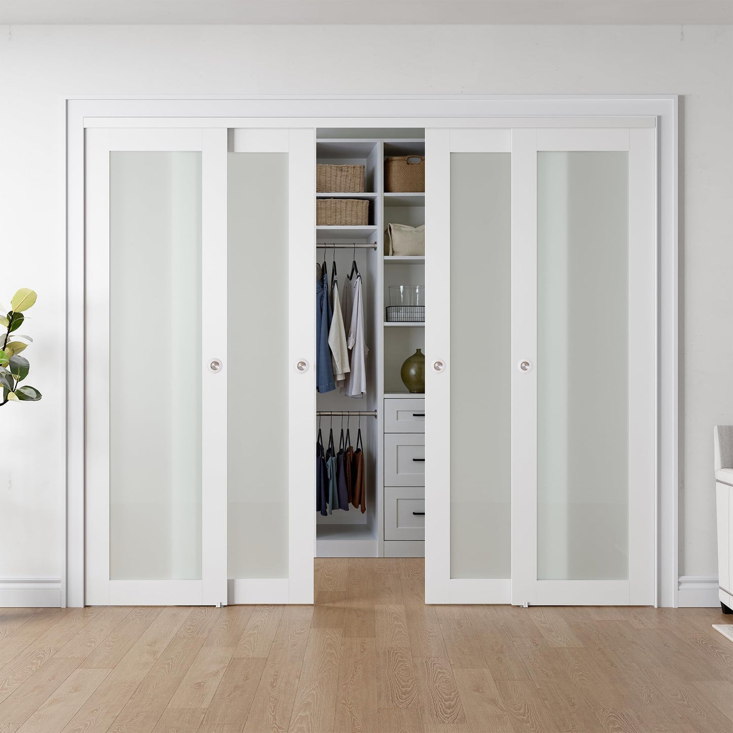 COSHOMER Sliding Closet Door for 96" x 80" Opening, 1-Lite Frosted Glass Closet Door with Hardware Kit Included, Preassembled MDF Barn Door, White