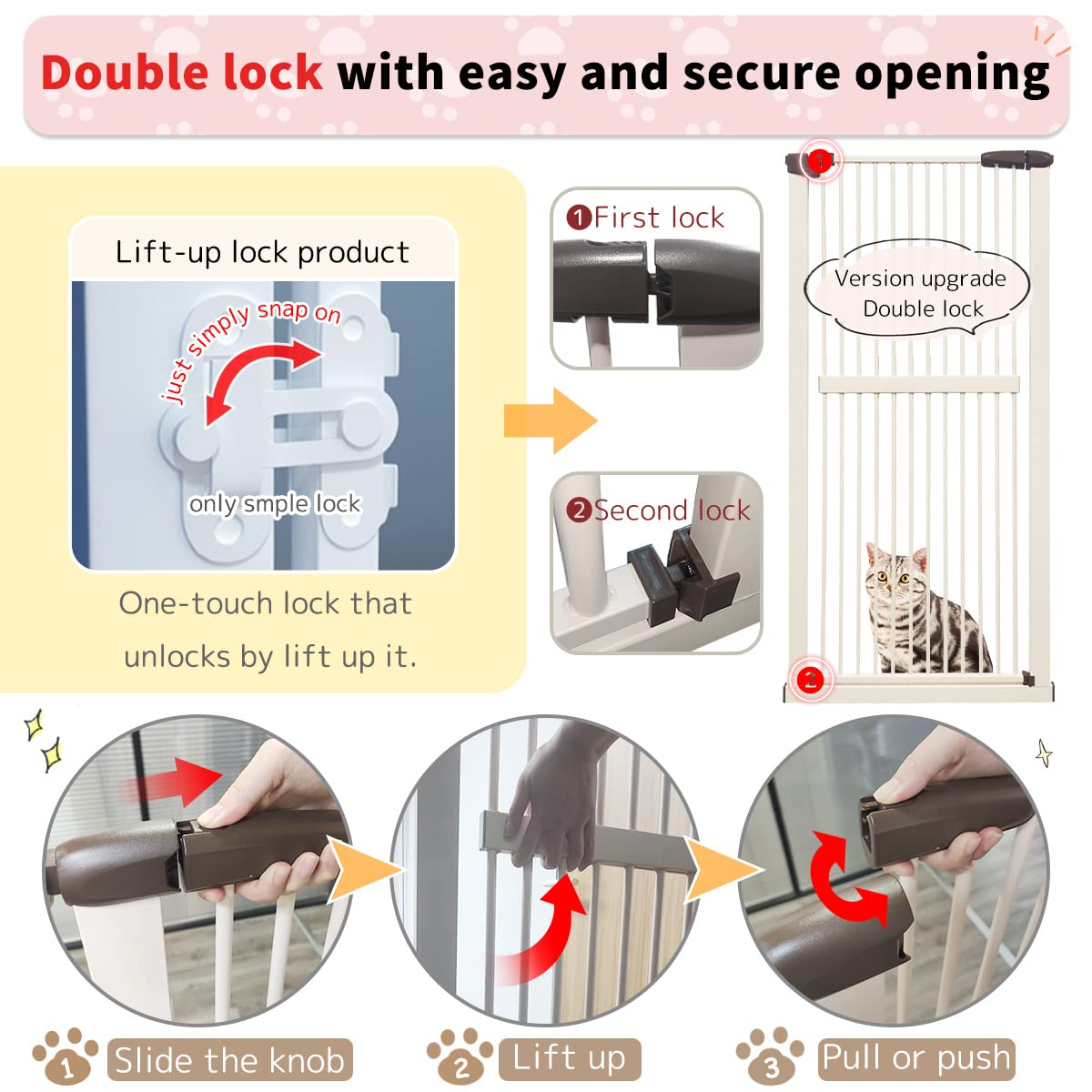 Lumizone Extra Tall Cat Gate 61.02" High Pressure Mounted Extra Wide 26.38"-30.11" (17Sizes) 1.37" Gap No Drilling Auto-Close Tall Pet Gate for Dogs (Cream, 26.38"-30.11" W)