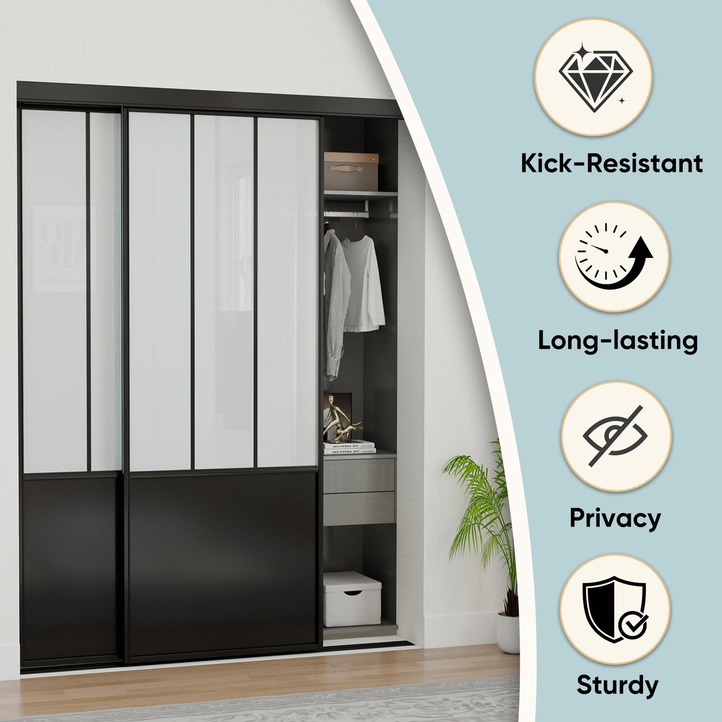 JUBEST Sliding Closet Door 60 x 80", Black Farmhouse Sliding Door with Top & Bottom Track Kits, Preassembled Frosted Glass Bypass Closet Door, Easy to Install