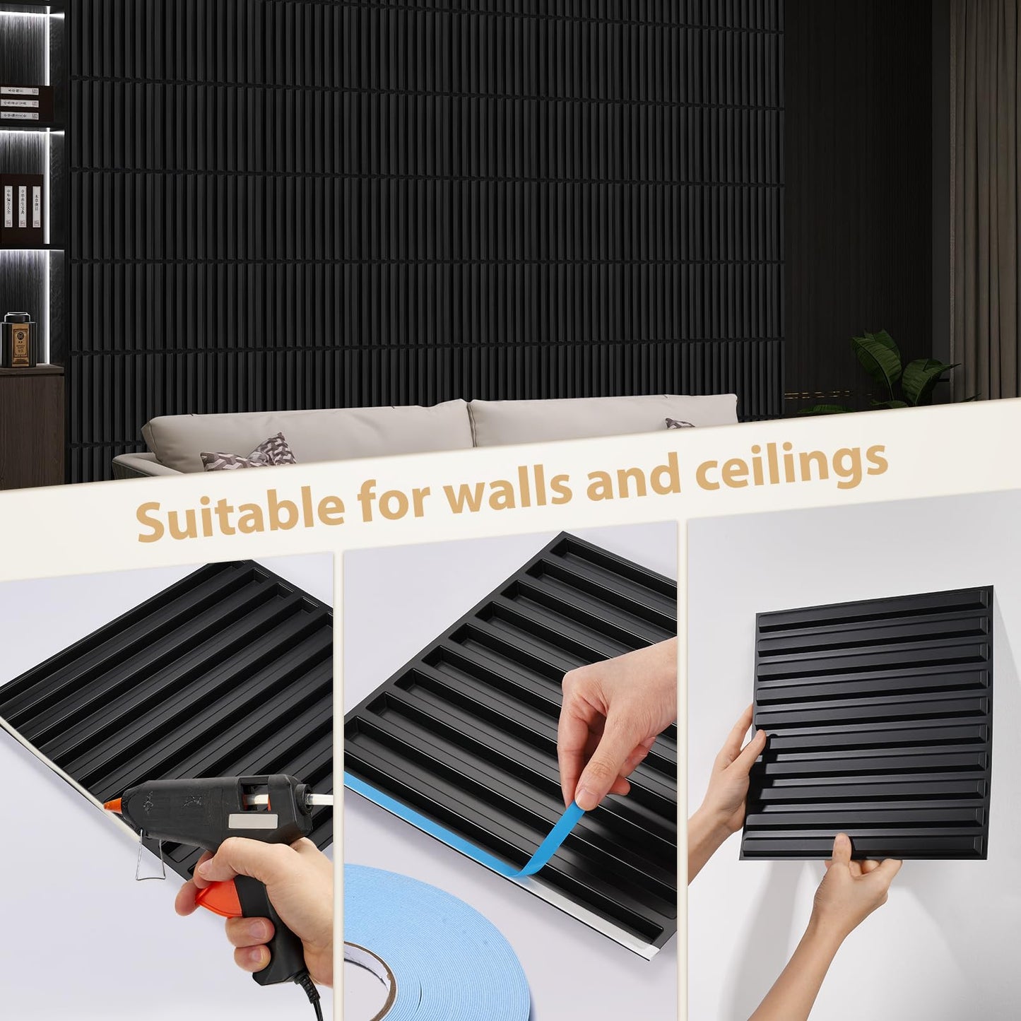 Heikki 30 Pack 3D Wall Panel for Interior Wall Décor, PVC Flower Textured Wall Panels for Living Room Bedroom Hotel Office, 11.8"x11.8", Double-Sided Tape (Black-XHT)