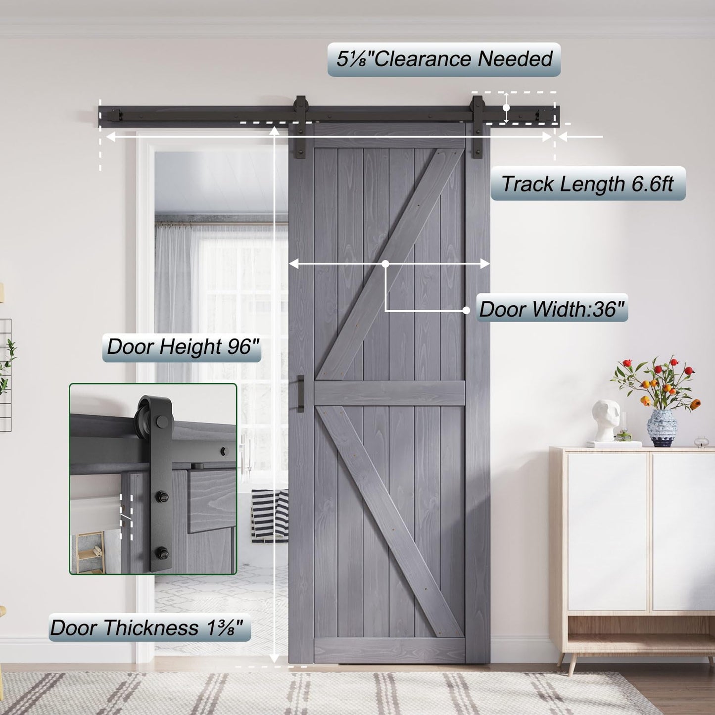 FREDBECK 36in x 96in Gray Wood Barn Door Slab with 6.6ft (79inch) Barn Door Hardware Track Kit Included, Double Surfaces,Simple Assembly is Required,K-Frame,Grey