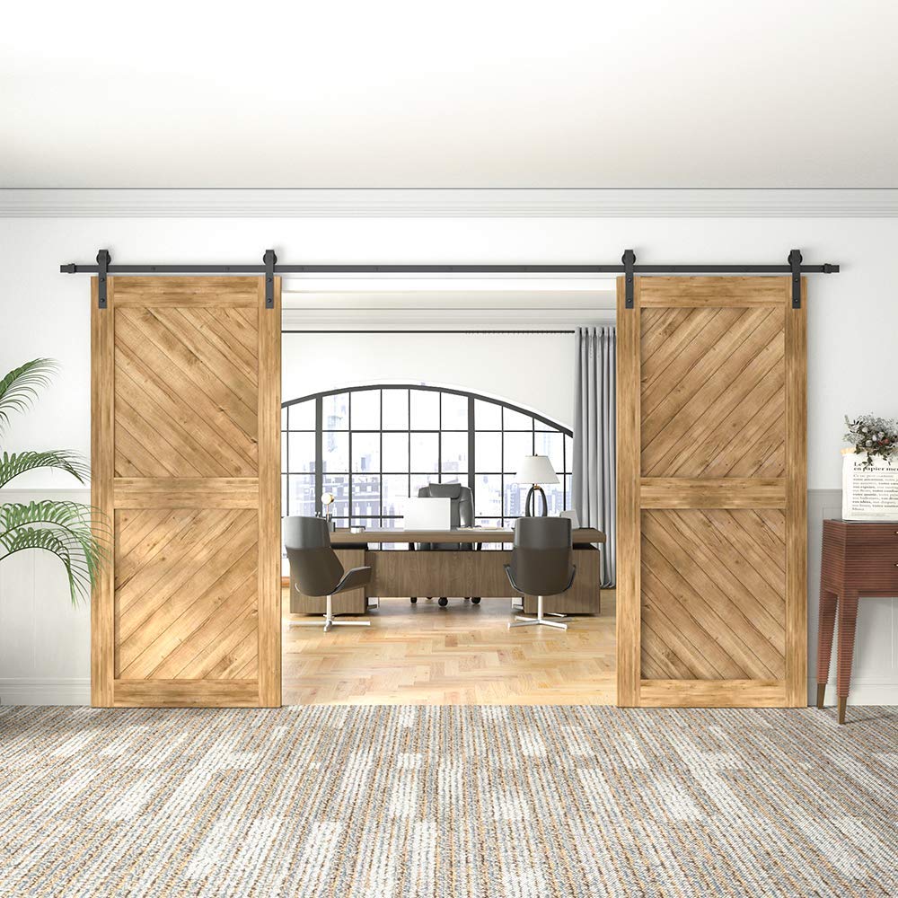 WINSOON 10FT Barn Door Hardware Kit: Double Sliding Door Hardware - Heavy Duty Black Barn Door Track Kit - Carbon Steel Sliding Barn Door Rail - J-Shape Easy to Install for 60" Closet Panel(No Door)