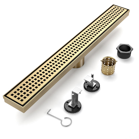 24-Inch Brushed Gold Linear Shower Drain, 304 Stainless Steel Long Linear Drain with Quadrato Pattern Grate, Rectangle Shower Floor Drain with Adjustable Feet, Hair Strainer, Fits Bathroom, Balcony