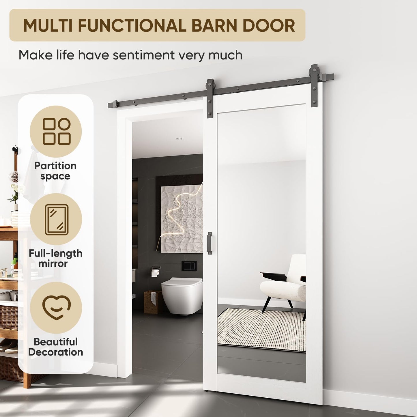 BARNSMITH 36in x 84in Mirror Barn Door with 6.6FT Sliding Door Hardware Kit Included, 1 Lites Full Length Mirror Door, Solid Wood Water-Proof PVC Surface,No Assembly Required,White