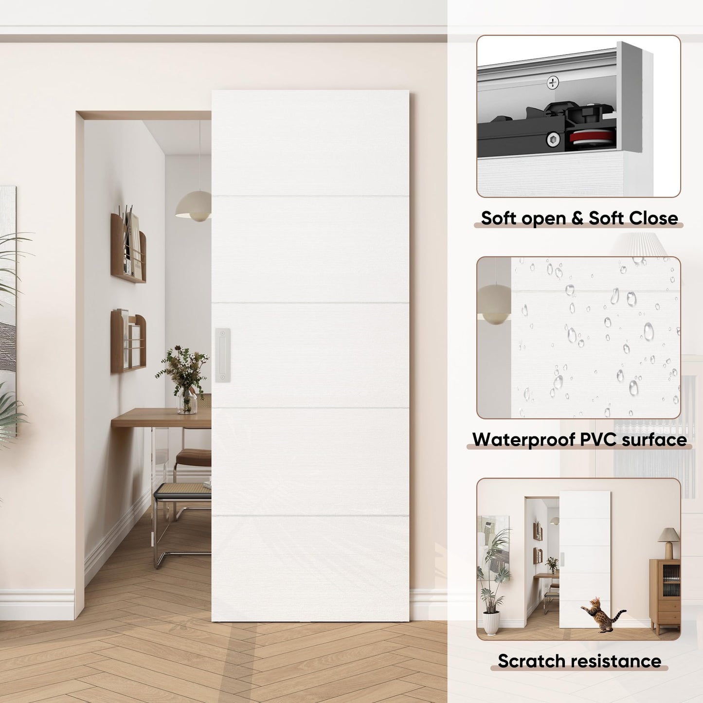 JUBEST 32"x86" Concealed Sliding Barn Door with Horizontal Groove and Soft Close Hardware Kit, White Flush Hidden Door for Opening 24"-28"x84", Waterproof and Smooth Sliding, for Interior Using