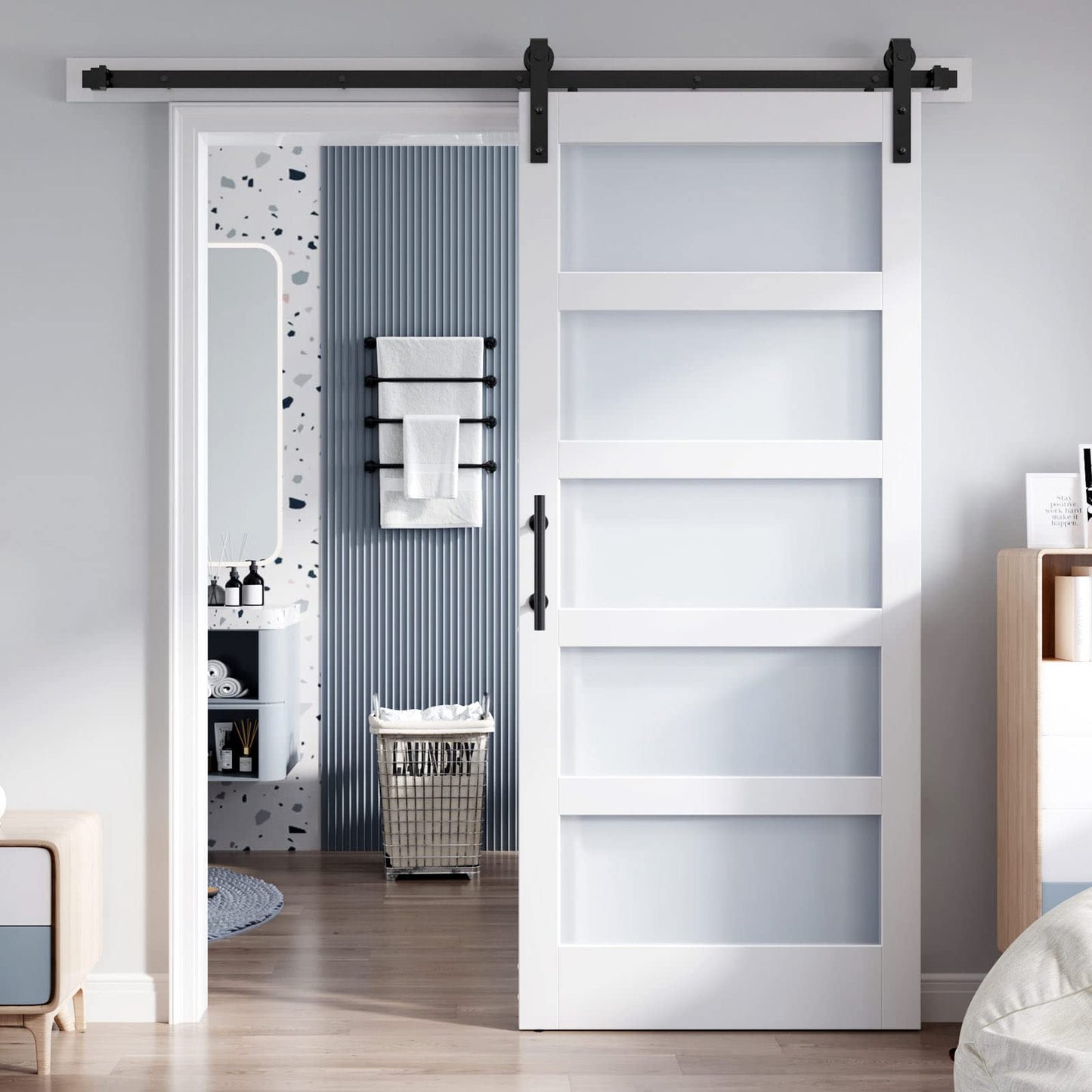 ROYMELO 36x80 Inch Glass Sliding Barn Door Slab and 6.6ft Hardware Kit Included, 5 Frosted Glass, LVL Wood Panel Covered with White Water-Proof Scratch-Proof PVC Surface, Simple DIY Assembly