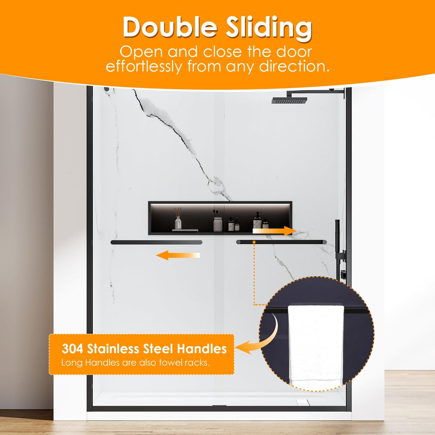 Shower Door 56-60" W x 76" H Double Sliding Shower Door, 5/16" (8mm) Shower Glass Door Easy-to-Clean Treated Clear Tempered SGCC Glass, Stainless Steel Frame & Roller Disk System, Matte Black Finish