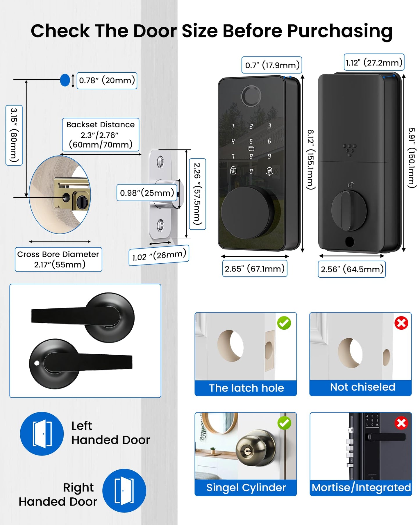 IBLOG Smart Lock with 2 Lever Handle Set, Fingerprint Keyless Entry Door Lock Front Door App Control, Electronic Touchscreen Keypad Deadbolt, Auto Lock, IP54 Waterproof, Easy Install Built-in Doorbell