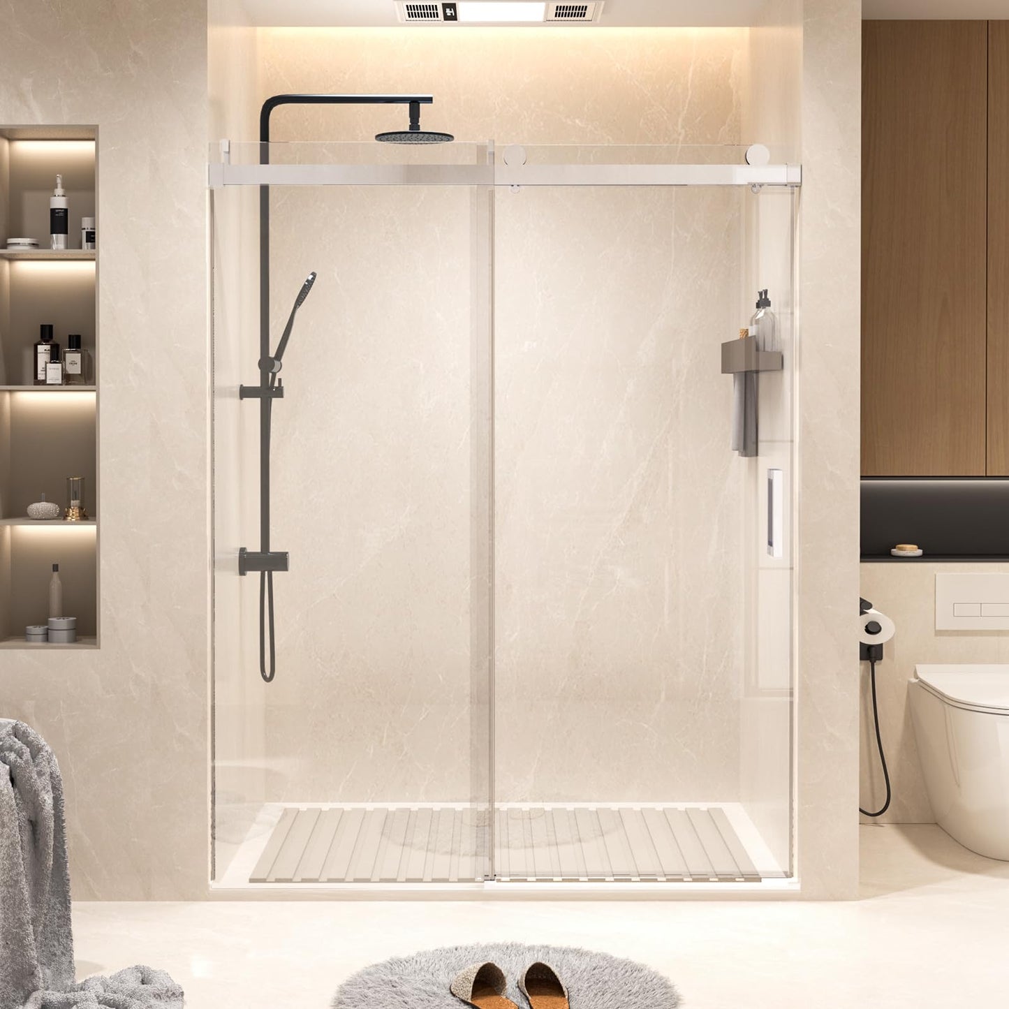 Frameless Shower Door Single Sliding 68-72 in W x76 in H, Bathroom Glss Shower Door with 3/8" Thick SGCC Tempered Glass, Soft-Close with Buffer Design, Reversible Installation, Chrome