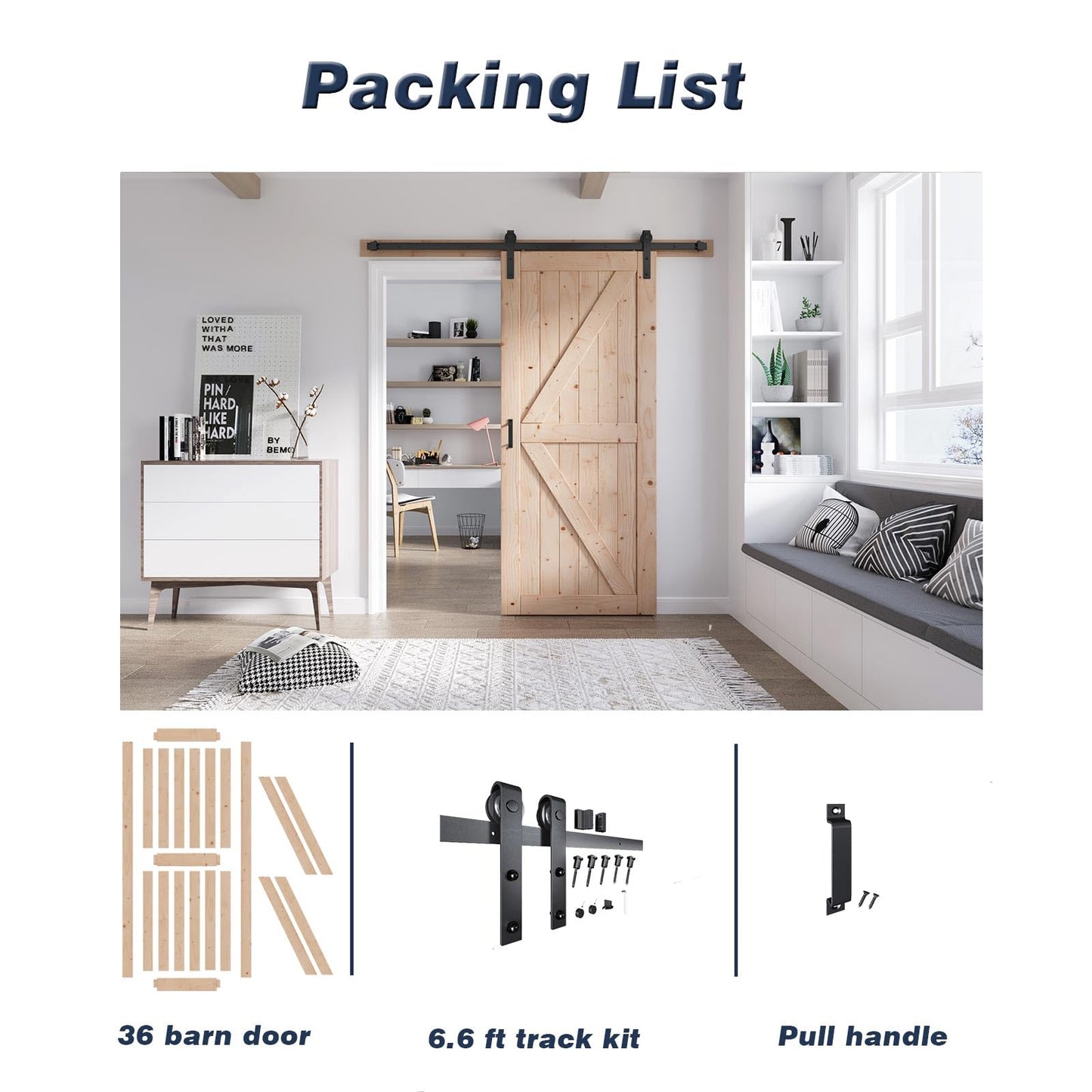 FREDBECK 34in x 84in Sliding Barn Door with 6FT Barn Door Hardware Kit Included Wood K Shape Solid Spruce Panel Need to Assembly