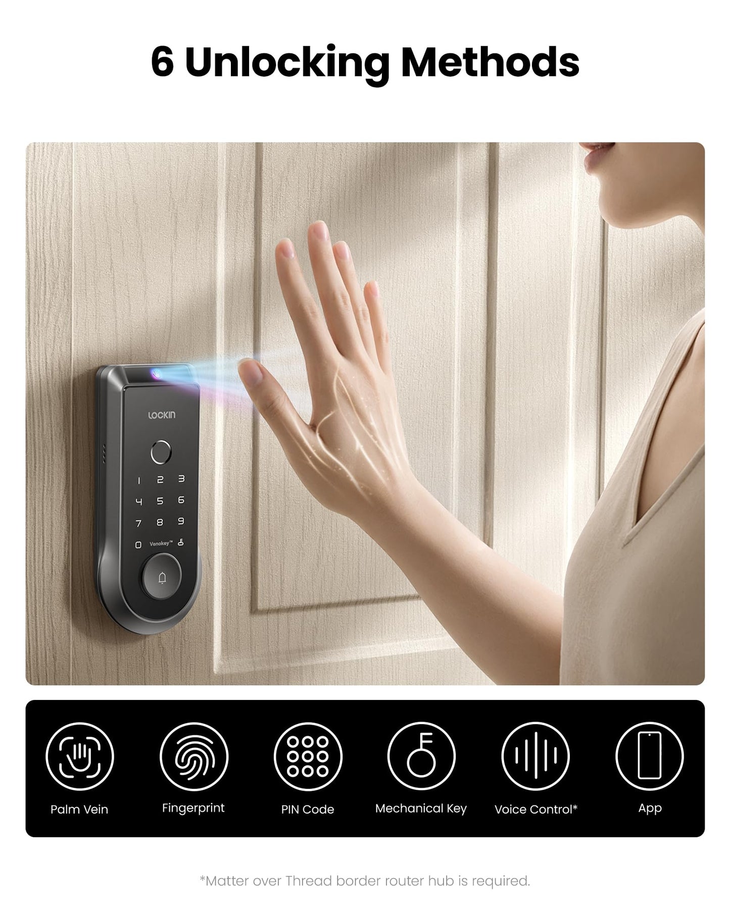 Lockin Veno Palm Vein Smart Lock with Built-in Wi-Fi, 7-Month Battery, Matter Compatible, Palm Vein & Fingerprint Unlock, Keyless Entry, App Control, Auto-Lock, PIN Code, ANSI Grade 2, IP65 Waterproof