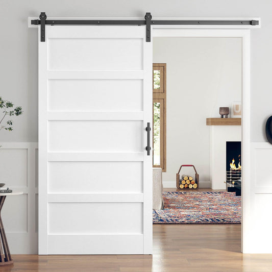 ROYMELO 42x80 Inch White Sliding Barn Door Slab with 7ft Hardware Kit Included, 5-Panel, MDF Wood Panel Covered with Water-Proof Scratch-Proof PVC Surface, Simple DIY Assembly