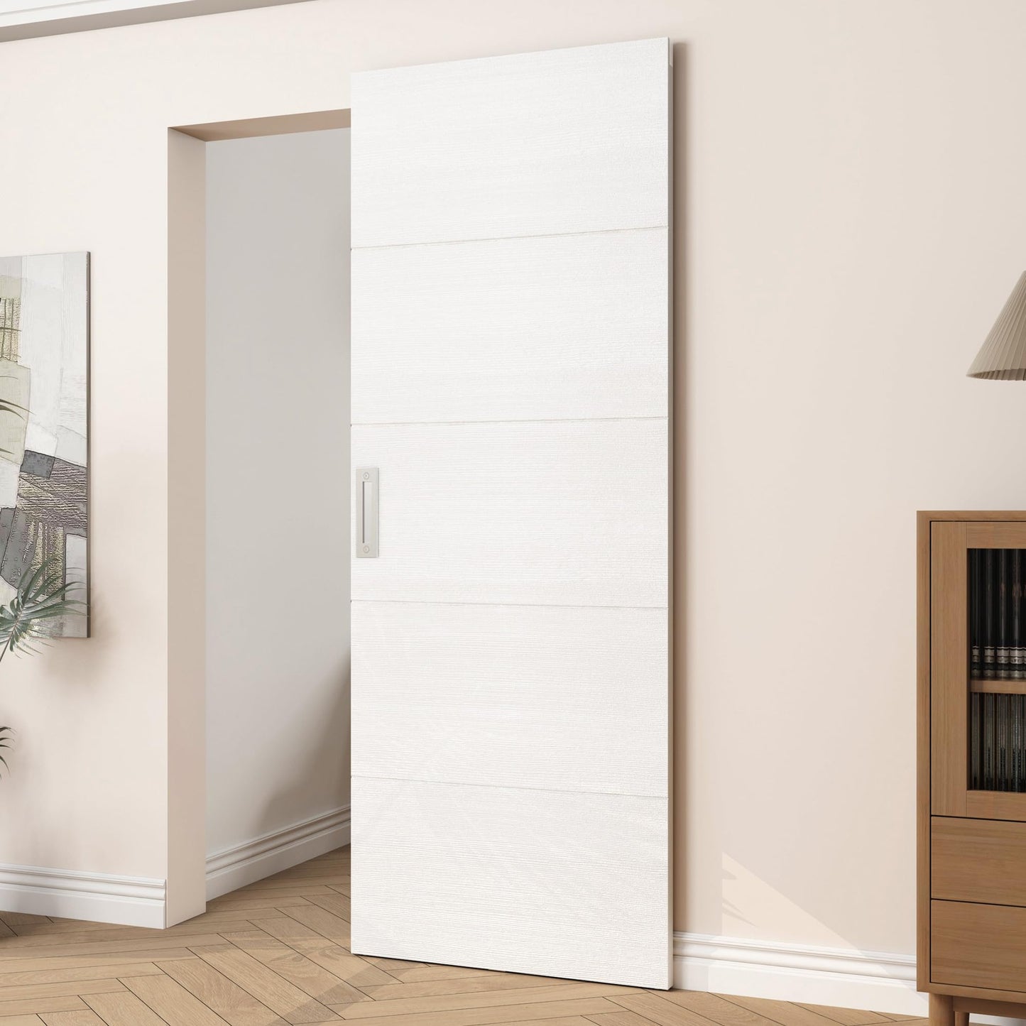 JUBEST 32"x86" Concealed Sliding Barn Door with Horizontal Groove and Soft Close Hardware Kit, White Flush Hidden Door for Opening 24"-28"x84", Waterproof and Smooth Sliding, for Interior Using