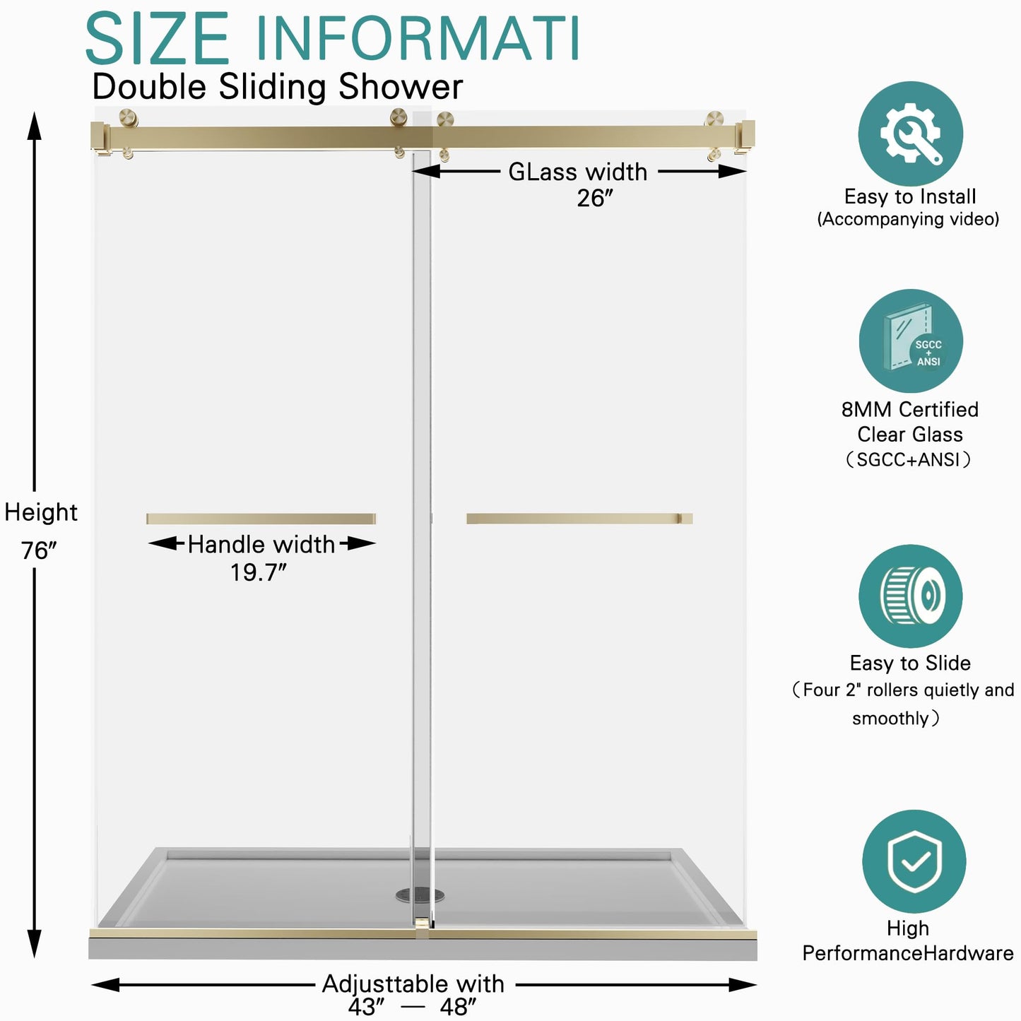 Dyvalis 43-48" W x 76" H Frameless Double Sliding Shower Door for Walk-in Shower,5/16" (8mm) SGCC Certified Clear Tempered Safety Glass,Easy-Clean Coating,Quiet Heavy-Duty Roller System,Brushed Gold