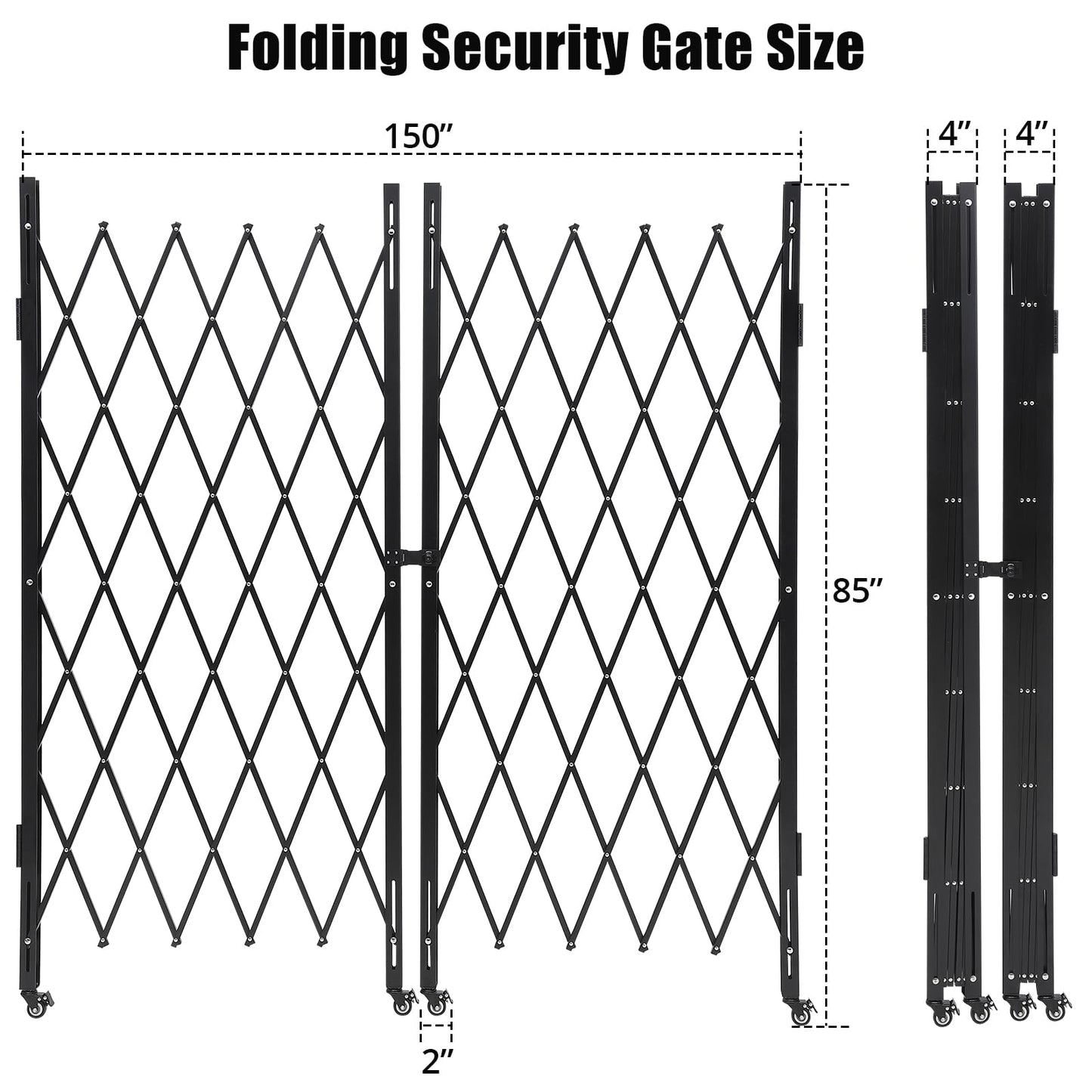 Double Folding Security Gate, 85" H x 150" W Folding Security Door Outdoor, Steel Accordion Security Gate, Flexible Expanding Security Gate, 360° Rolling Barricade Gate with Padlock
