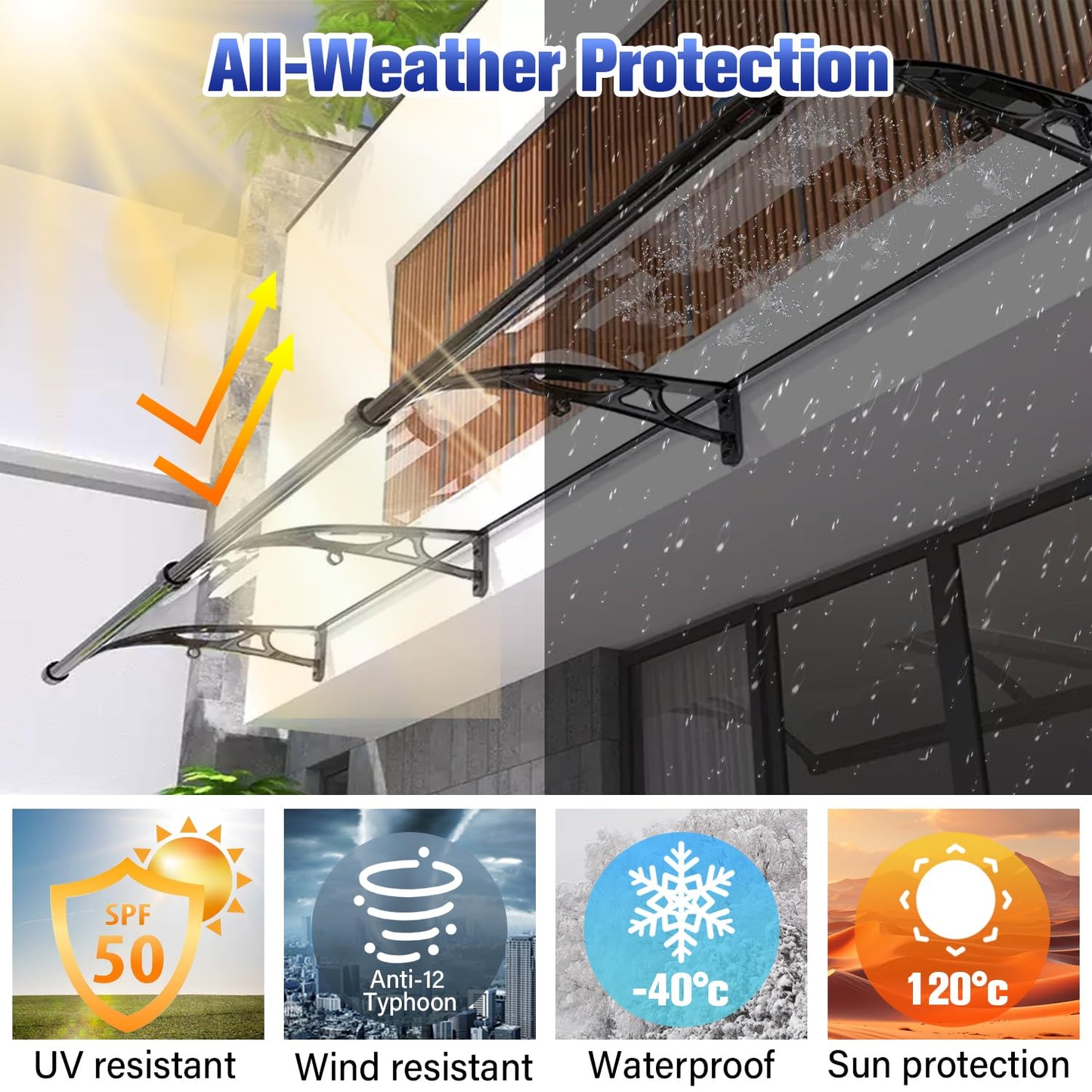 Awning for Door Entrance, Aluminum Window Awnings Exterior for Doors Canopy, Polycarbonate Cover Outdoor Front Doors UV/Rain/Snow Protection, Easy to Install, Gray Board (24x48in)