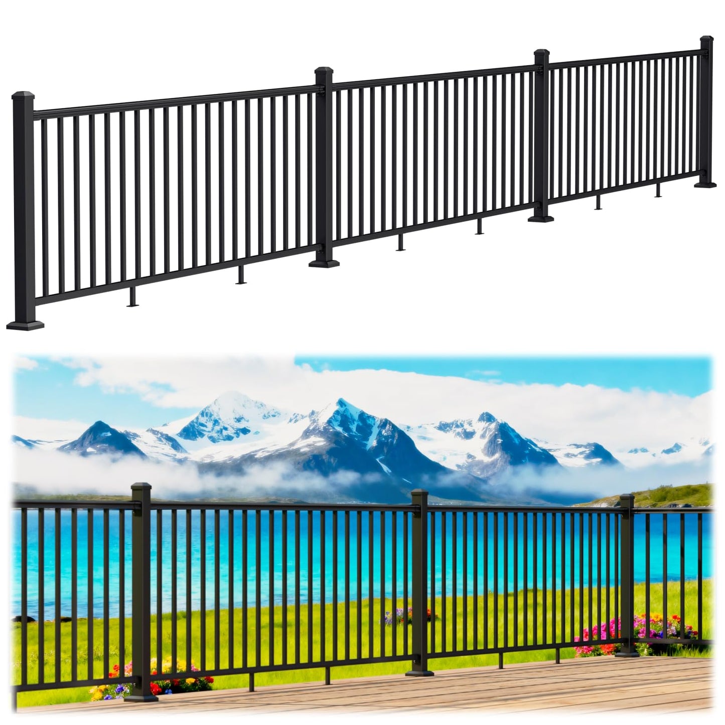 Egadis 36 in. H x 24 ft. W Black Deck Railing Kit with 4 Post, Textured AAMA 2604 Powder-Coat Finish Modular Aluminum Railing System for Outdoor Decks, Porches & Balconies(3 Panel, 4 Post)