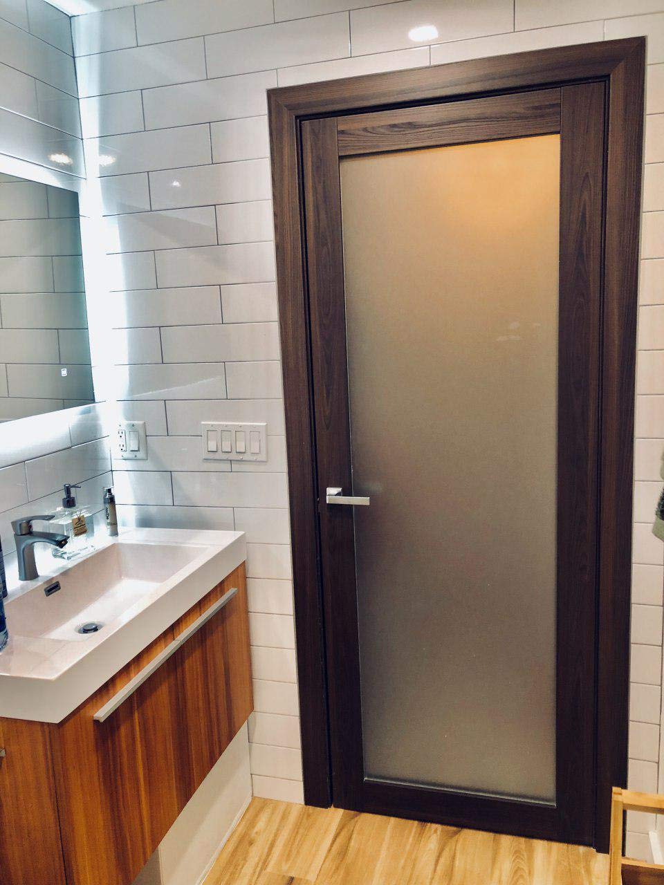 SARTODOORS Lite Opaque Glass Door 30x84 | Planum 2102 Chocolate Ash | Frames Trims Satin Nickel Hardware | Solid Core Wood Doors
