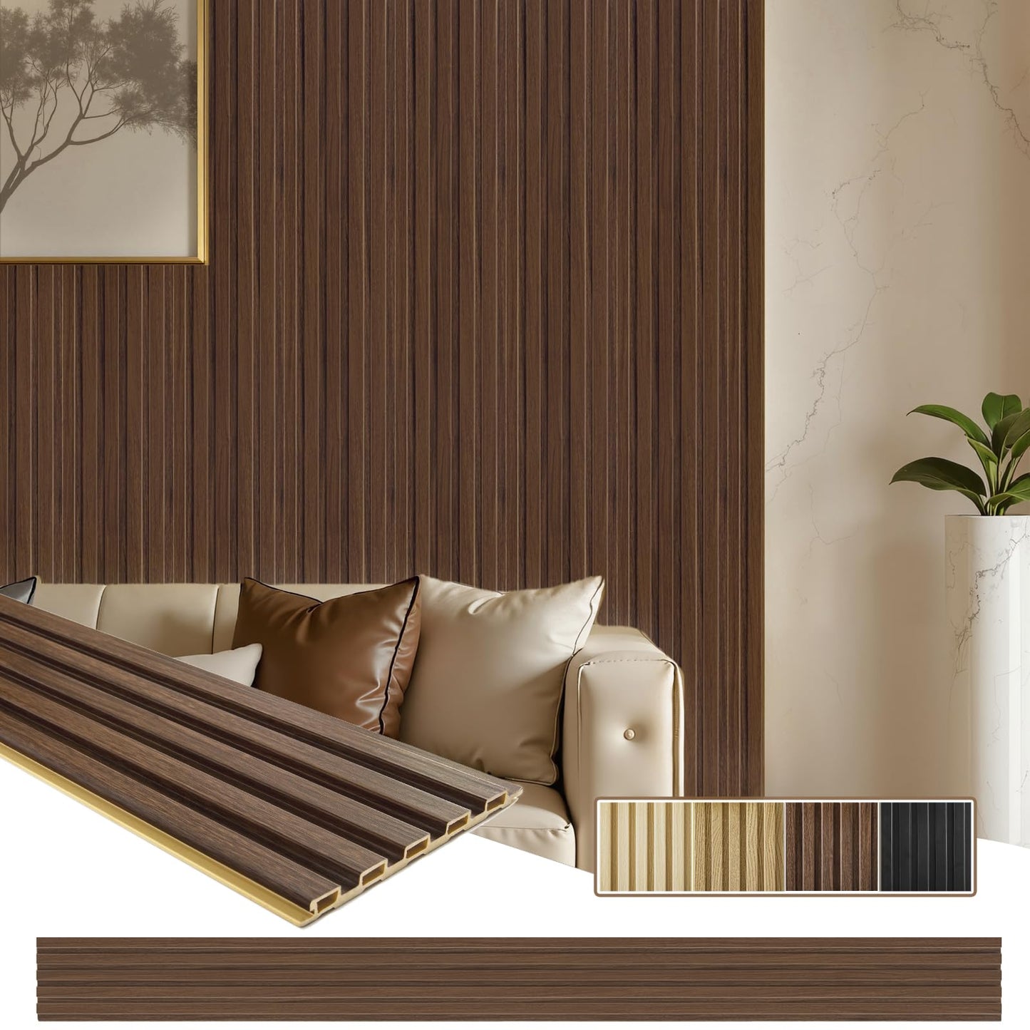 Tepanecov WPC Slat Wall Paneling, 8-Pack 3D Wood Wall Panels for Interior Wall Decor, TV Background, Living Room, 94.5 x 6 in (Walnut)