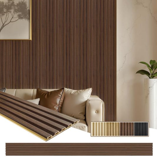 Tepanecov WPC Slat Wall Paneling, 8-Pack 3D Wood Wall Panels for Interior Wall Decor, TV Background, Living Room, 94.5 x 6 in (Walnut)
